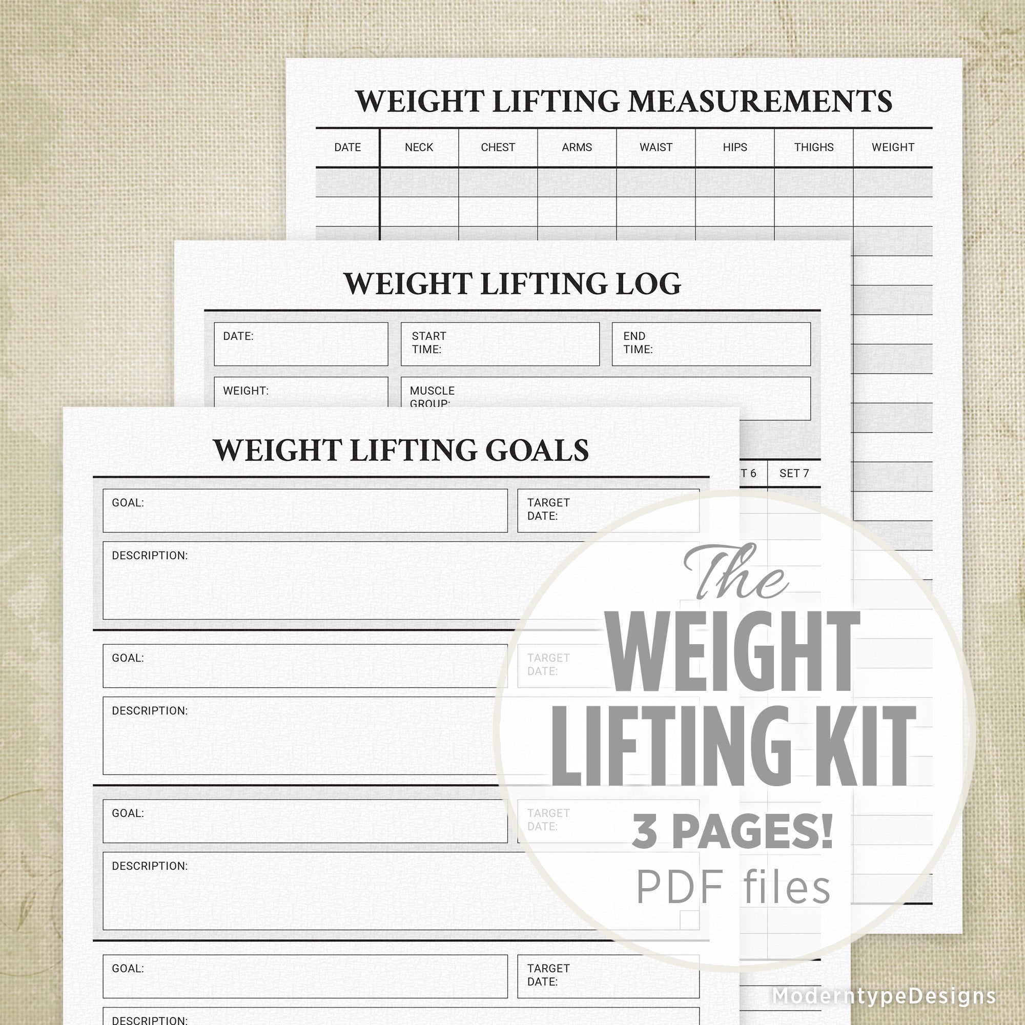 Three pages of a printable weight lifting kit, including sheets for measurements, log, and goals, with the title 'The Weight Lifting Kit 3 Pages PDF files' written on them.