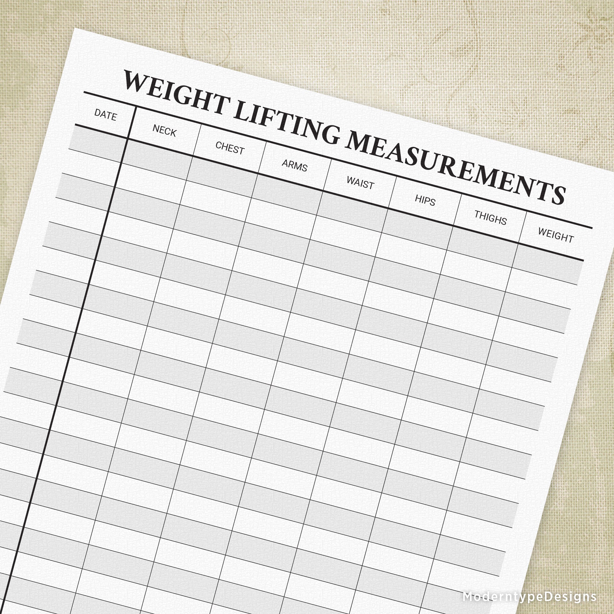 A preview of a printable PDF titled 'Weight Lifting Measurements', featuring a table with columns for tracking various body measurements such as neck, chest, arms, waist, hips, and weight.