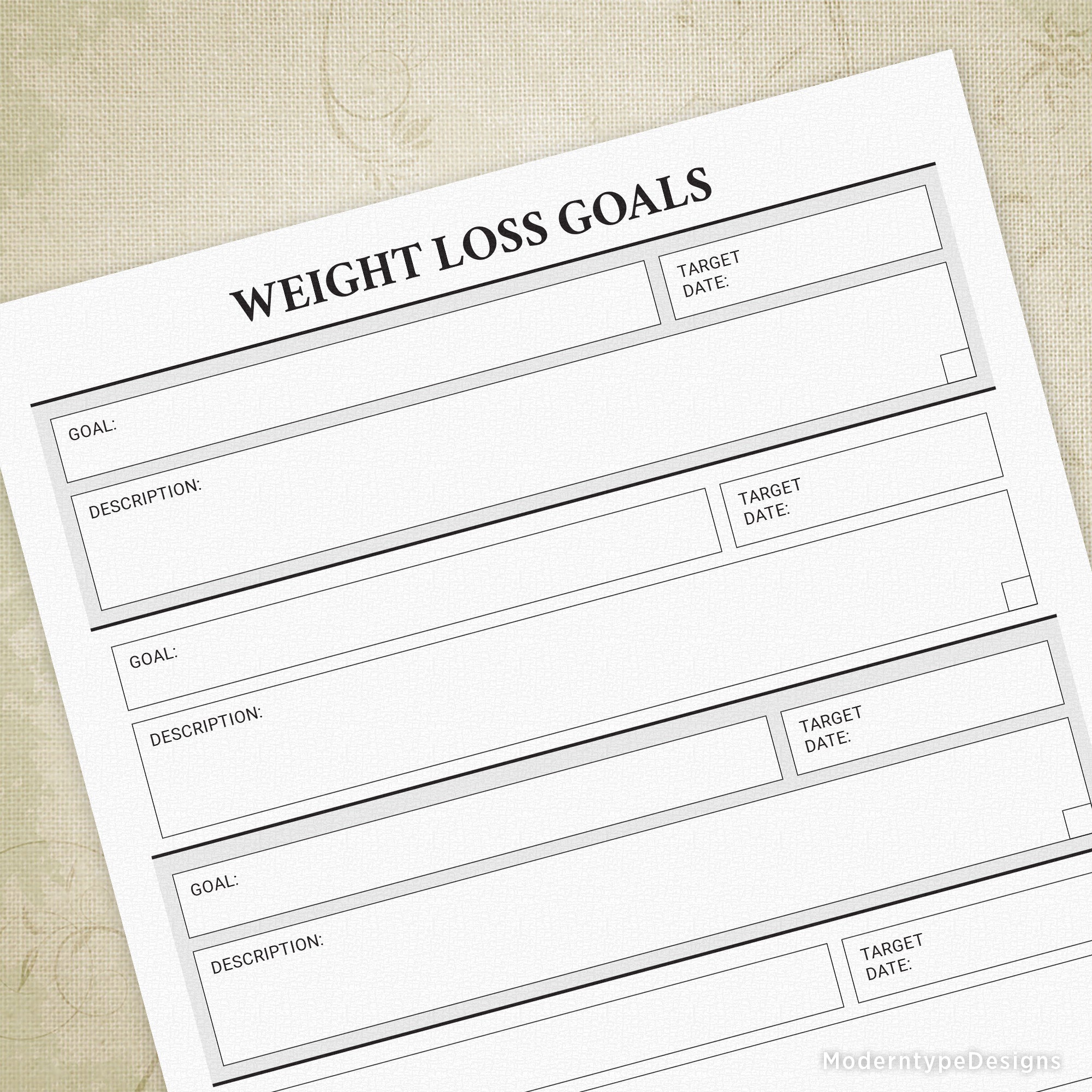 A preview of a printable weight loss goals sheet with sections for goal description and target dates.