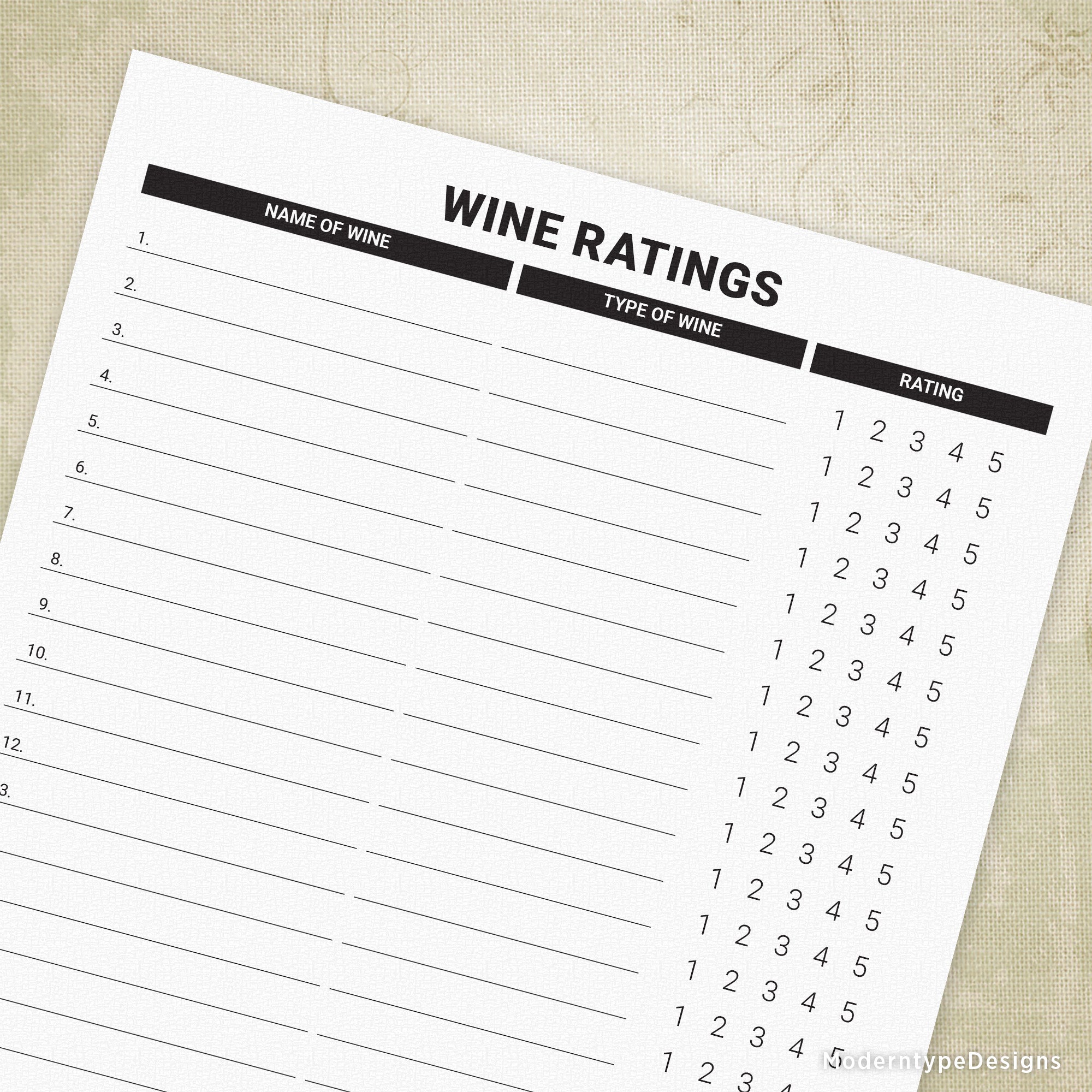 A printable wine ratings form with lines and categories for tracking wine names, types, and ratings.