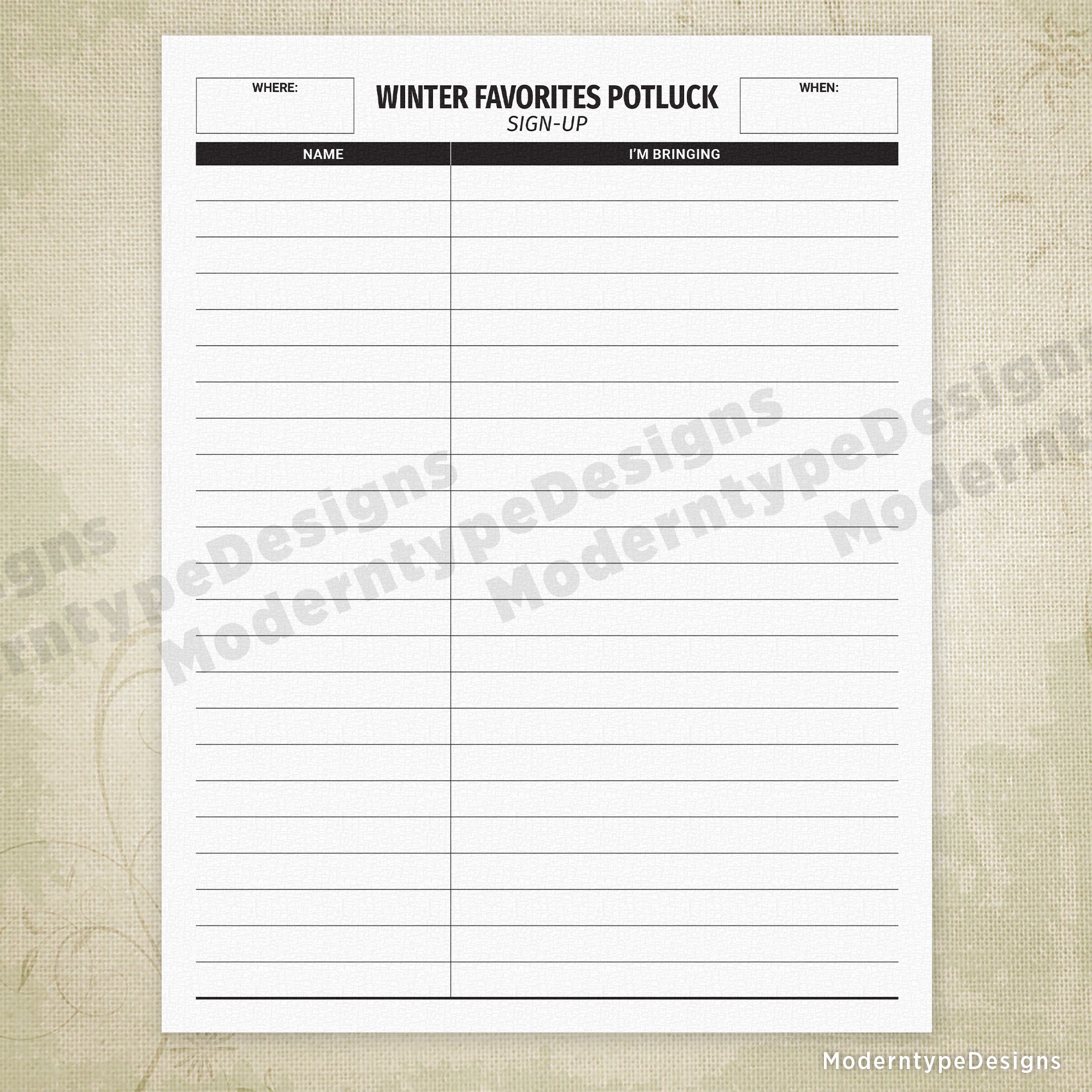 Organize your winter gathering with this Winter Favorites Potluck Sign-up Sheet Printable PDF. Perfect for holiday parties, office celebrations, or community events, this template streamlines the coordination process by allowing guests to claim dishes and contributions.
