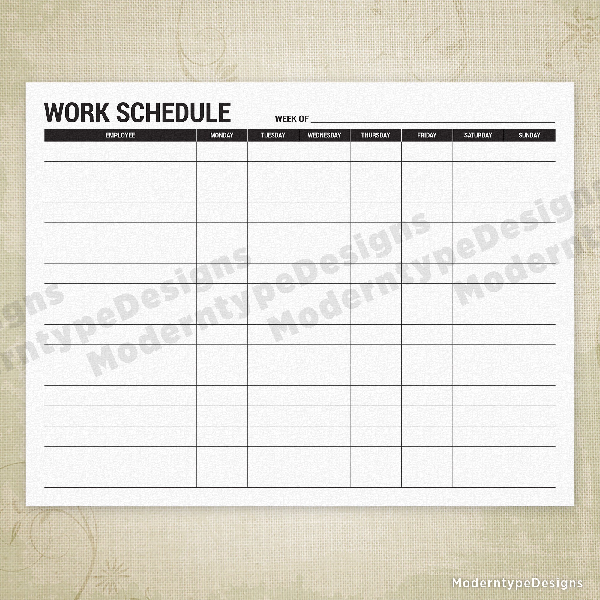 Employee Work Schedule Printable Form (Monday - Sunday)