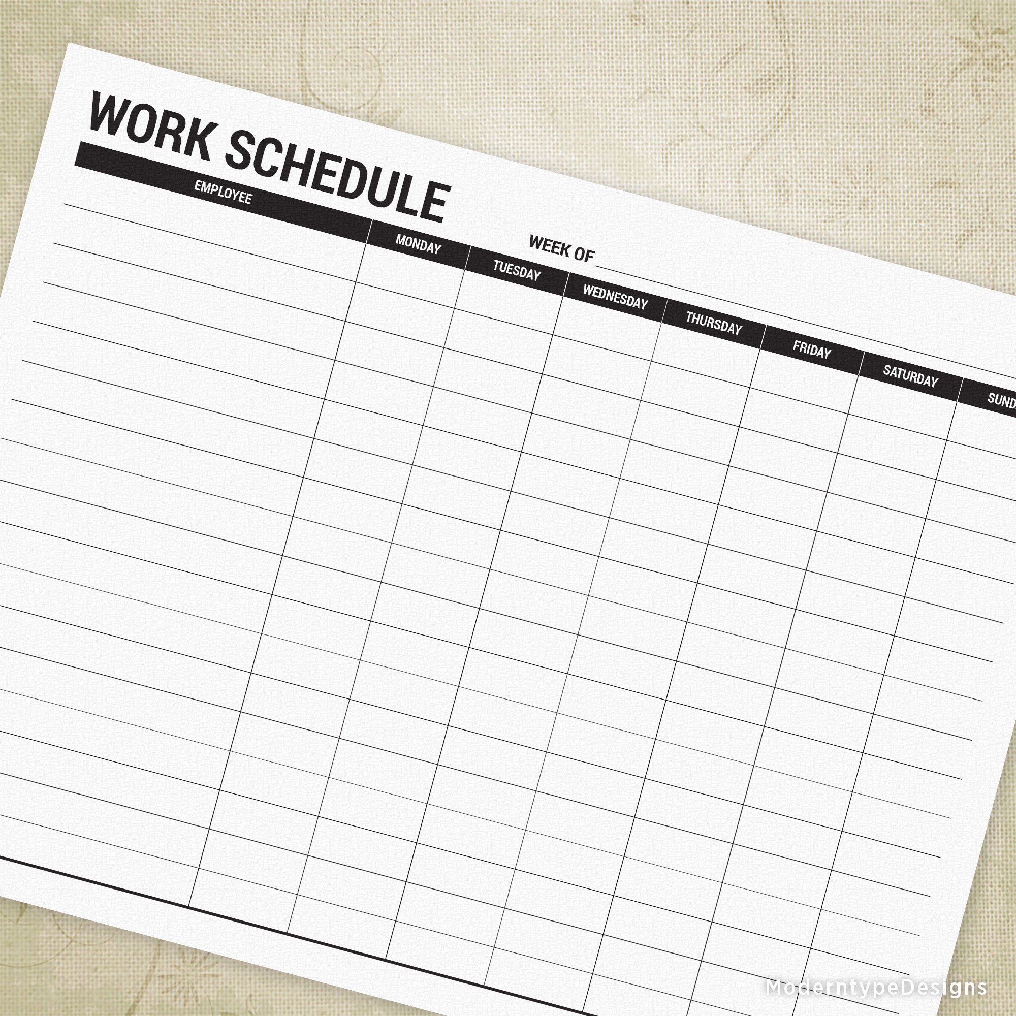 A printable work schedule form with days of the week listed, designed for tracking employee hours.