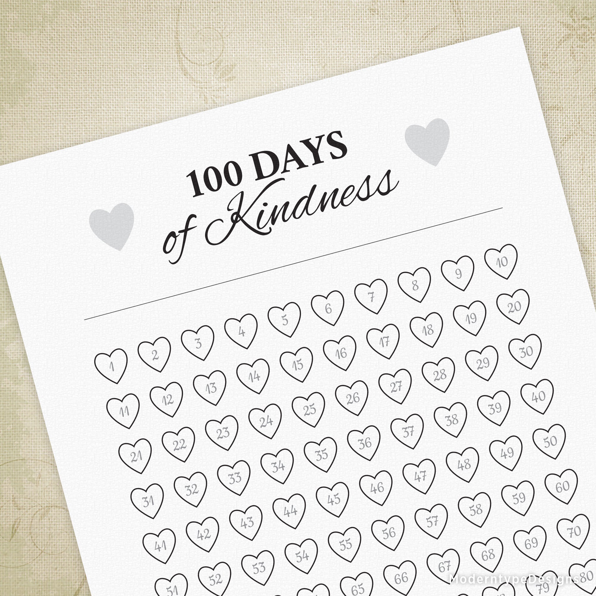 Color in or cross off each heart once you've done your act of kindness on this 100 Days of Kindness Printable PDF.
