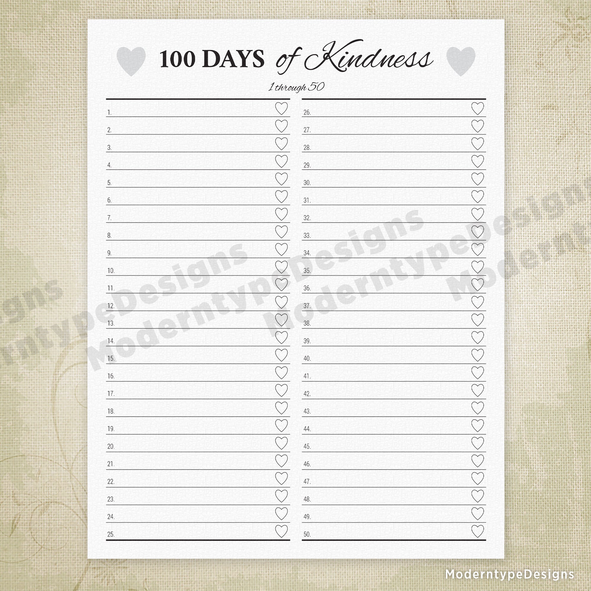 100 Days of Kindness Printable with Lines