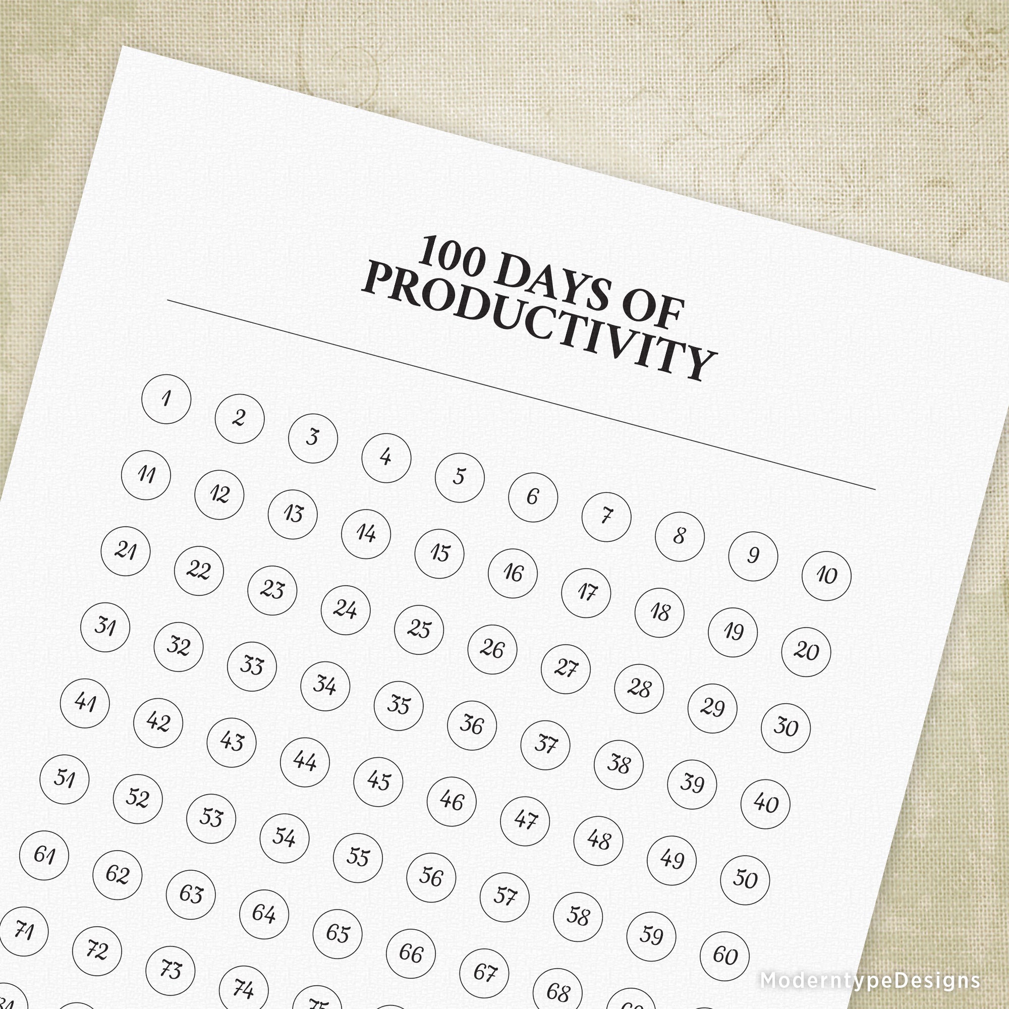 Pat yourself on the back with this 100 Days of Productivity Printable PDF. Includes 100 circled numbers so you can cover with a sticker, color in, or cross off once completed. You can even start with #1 by downloading this tracker!