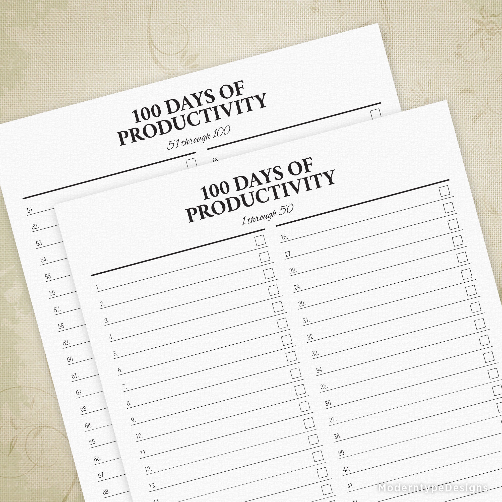 Track 100 days' worth of accomplishments with this 100 Days of Productivity Printable PDF. Includes two pages 1-50 each with lines. At the end of each line is a box to check off once complete.