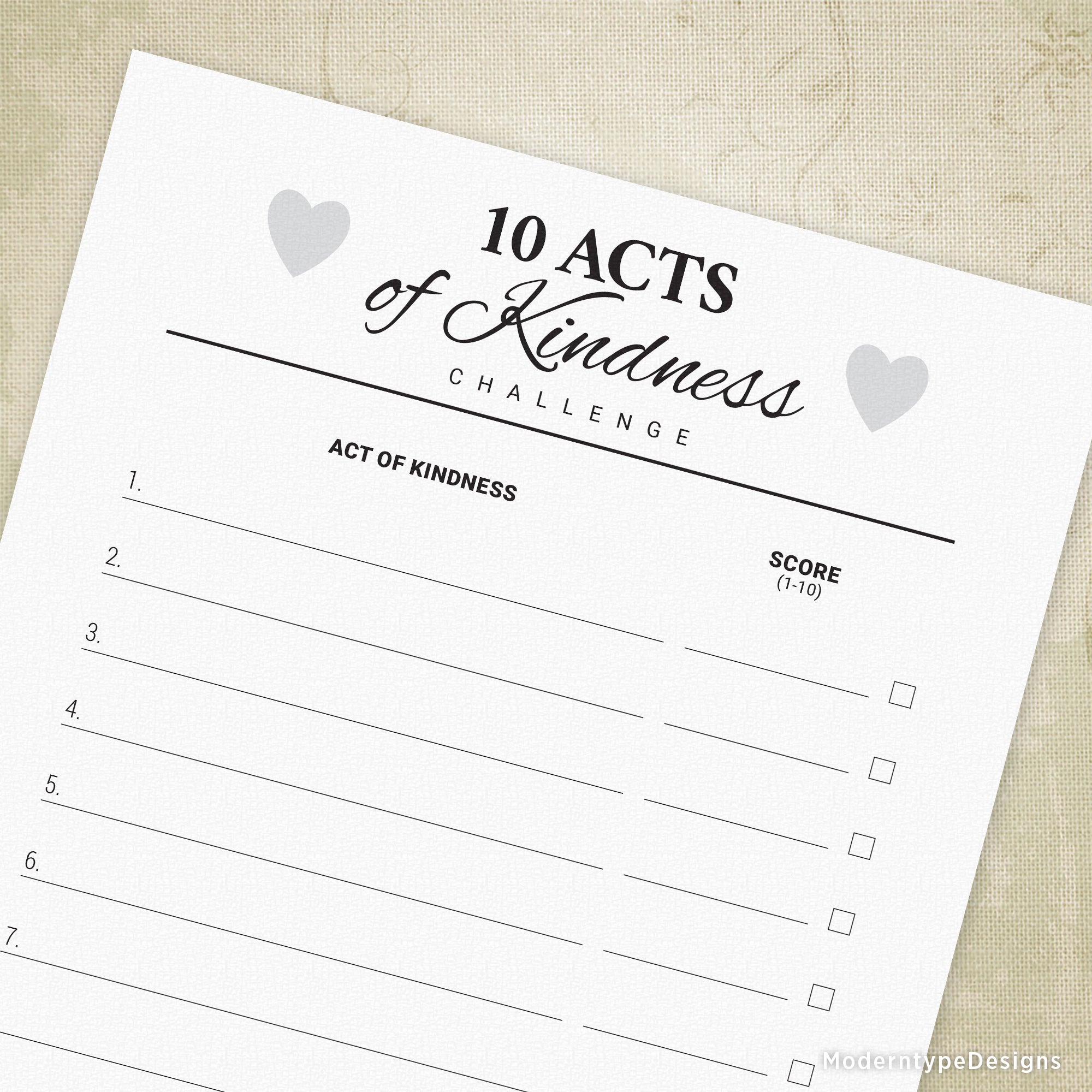 A printable '10 Acts of Kindness Challenge' PDF with a list and scoring system, featuring a design with heart shapes and a title at the top.