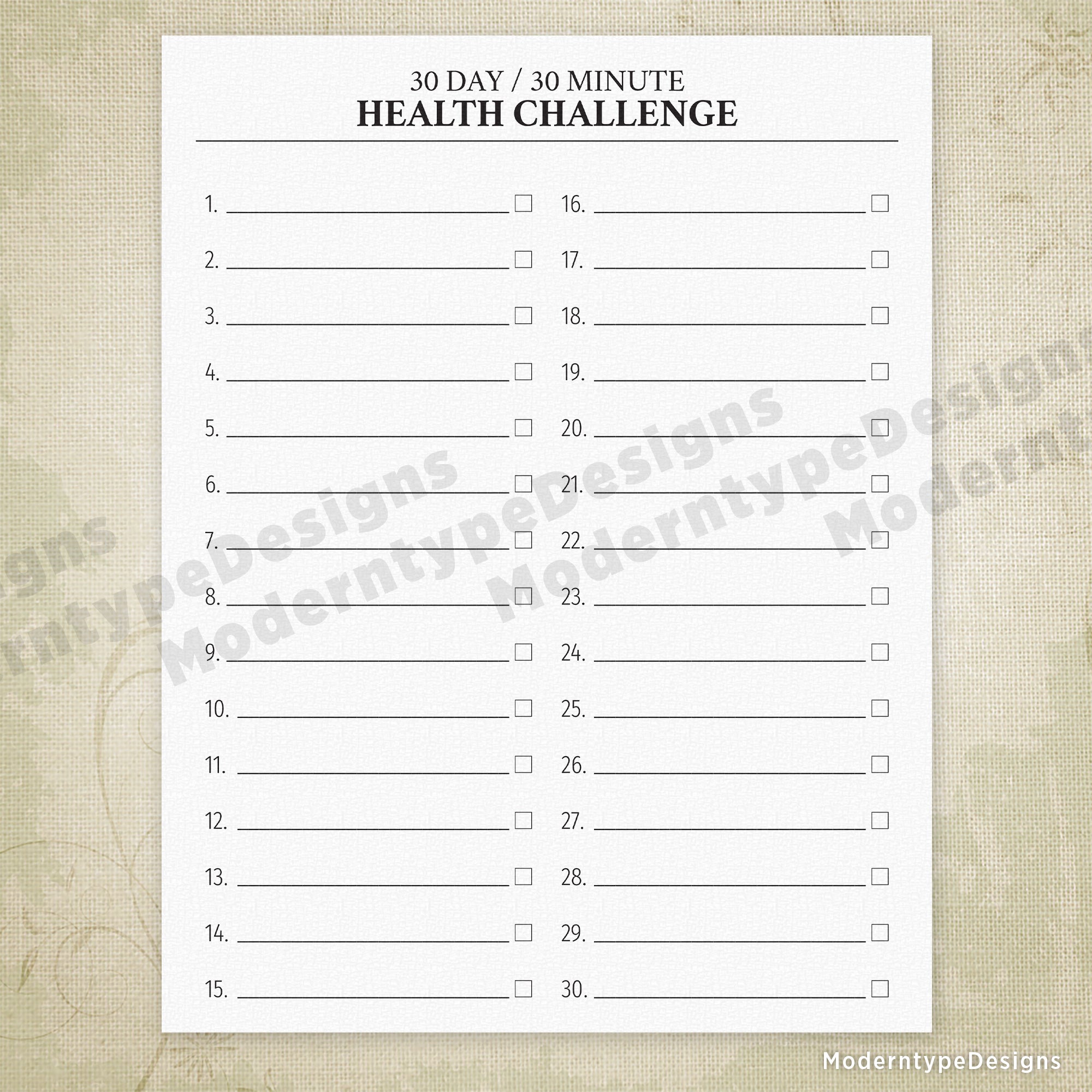 30 Day, 30 Minute Health Challenge Printable