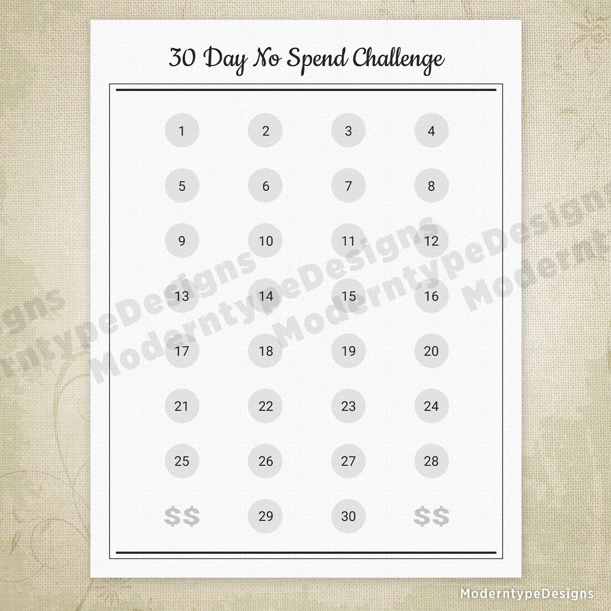 30 Day No Spend Challenge Printable