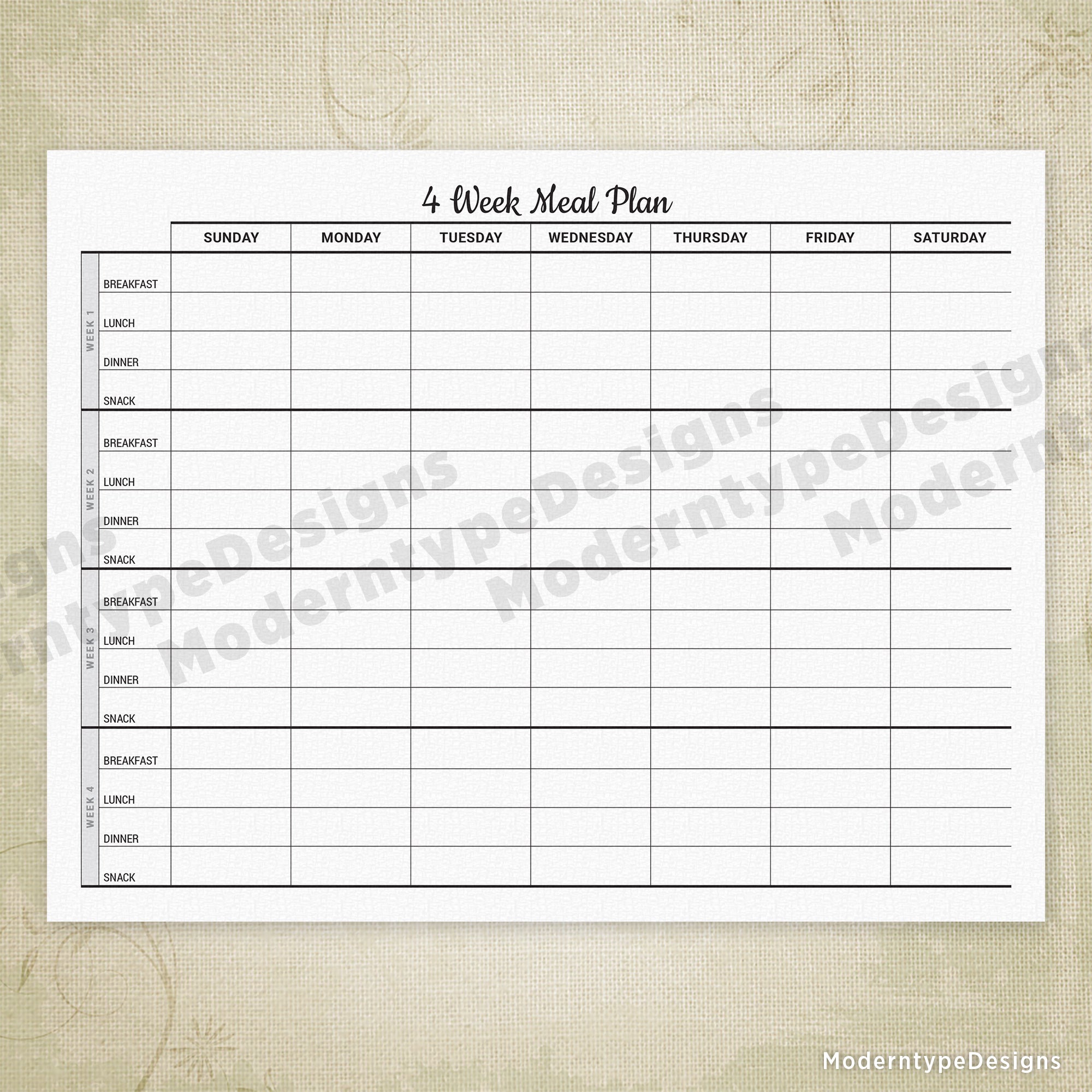 4 Week Meal Plan Printable