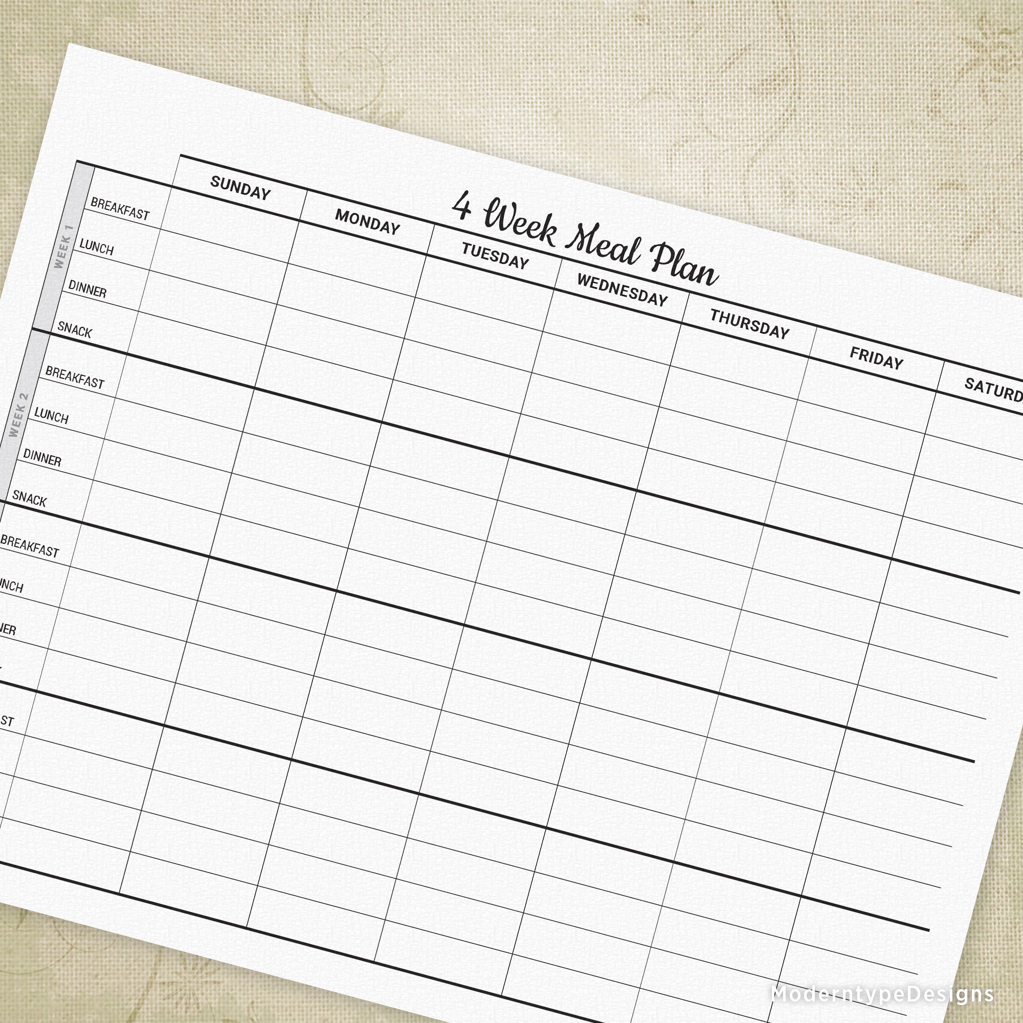 Write out your next 4 weeks' worth of breakfast, lunch, dinner, and snacks with this four Week Meal Plan Printable PDF.