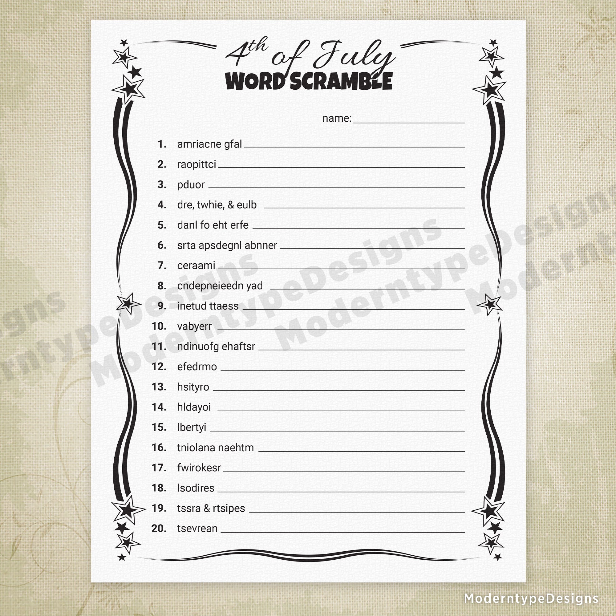 4th of July Word Scramble Game Printable