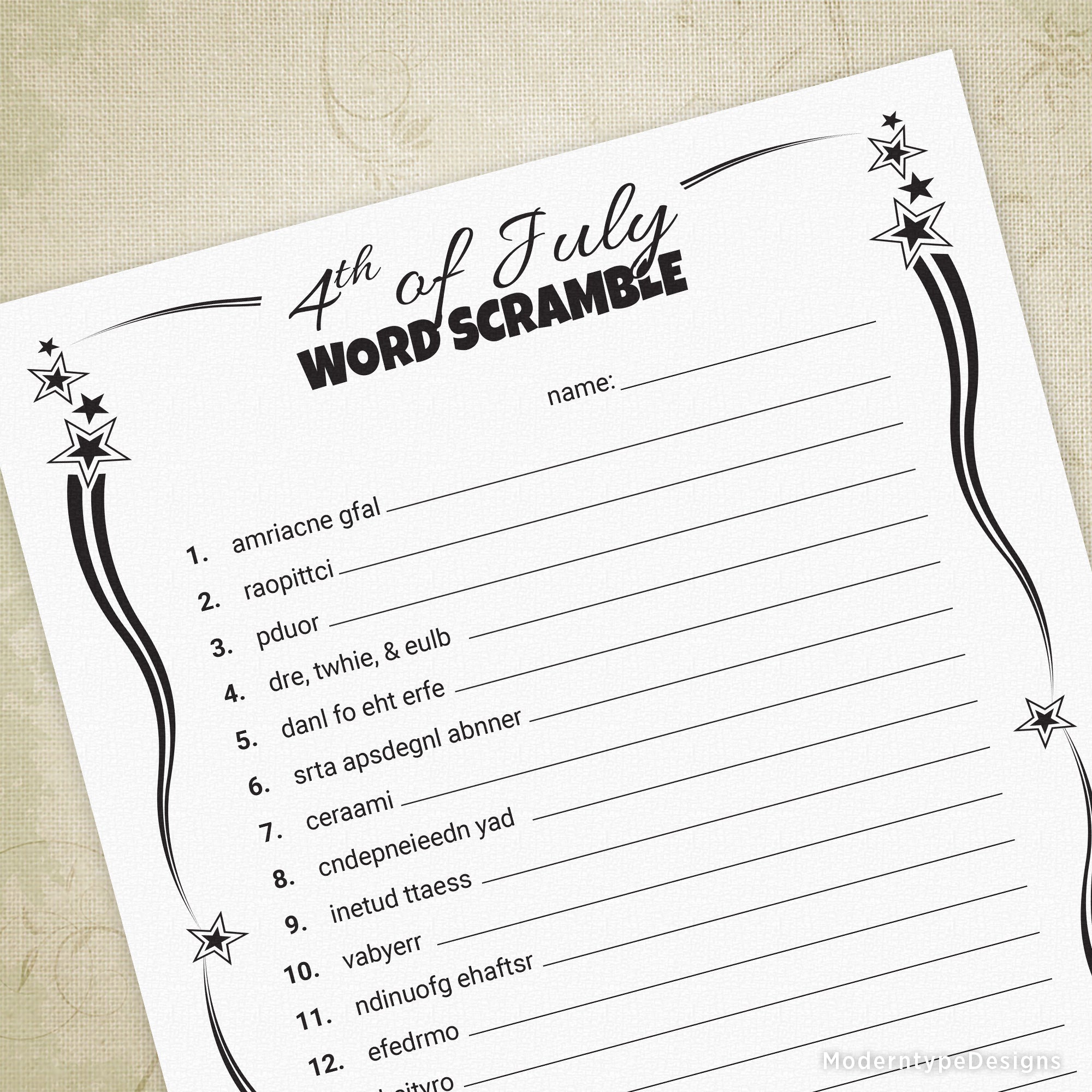 A printable 4th of July Word Scramble Game PDF with various words scrambled for participants to guess, and a space for name and stars decoration at the top.