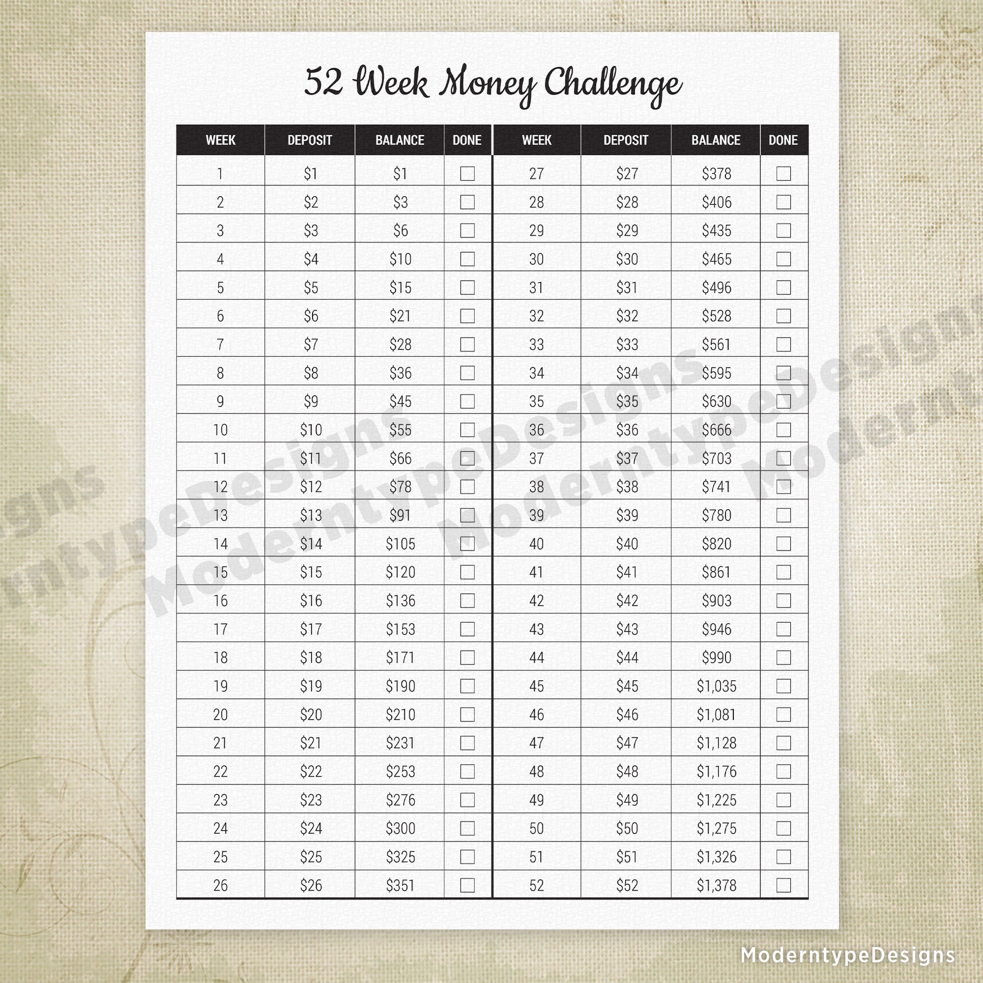 52 Week Money Challenge Printable - Increasing $1 Weekly