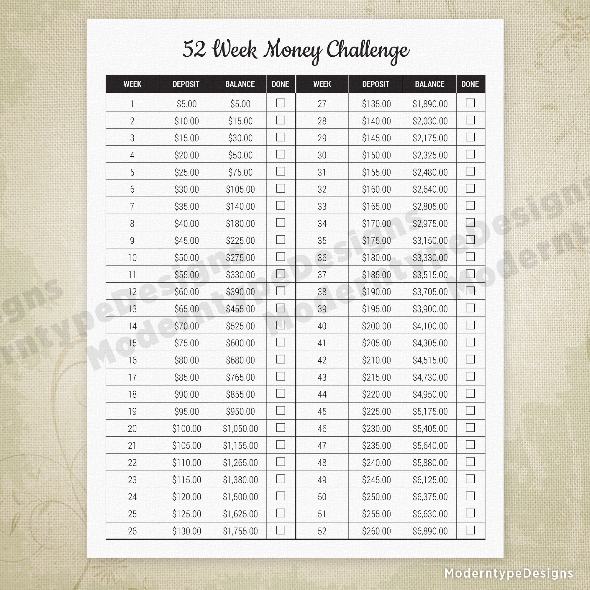 52 Week Money Challenge Printable - Increasing $5 Weekly