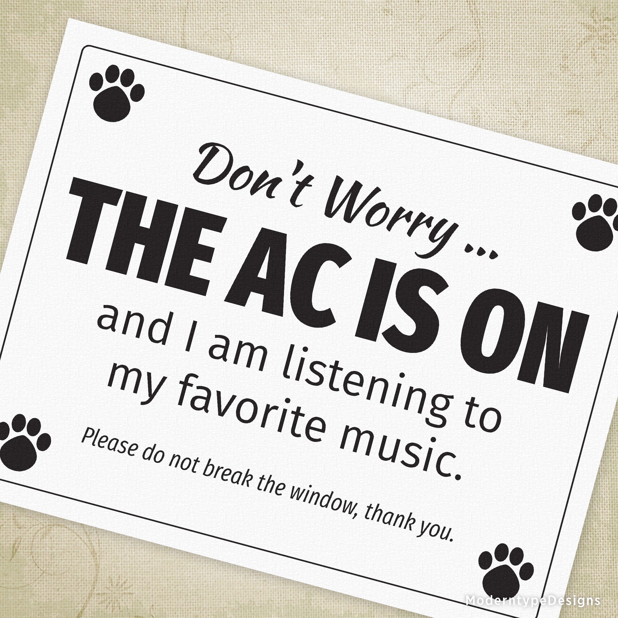 AC is on Car Window Printable Sign PDF. Designed for dog owners, this clear and professional sign lets passersby know your dog is safe inside with air conditioning running. Easy to print and display on your car window, it provides peace of mind during warm weather and helps prevent misunderstandings. A simple, effective way to protect your furry friend while parked.