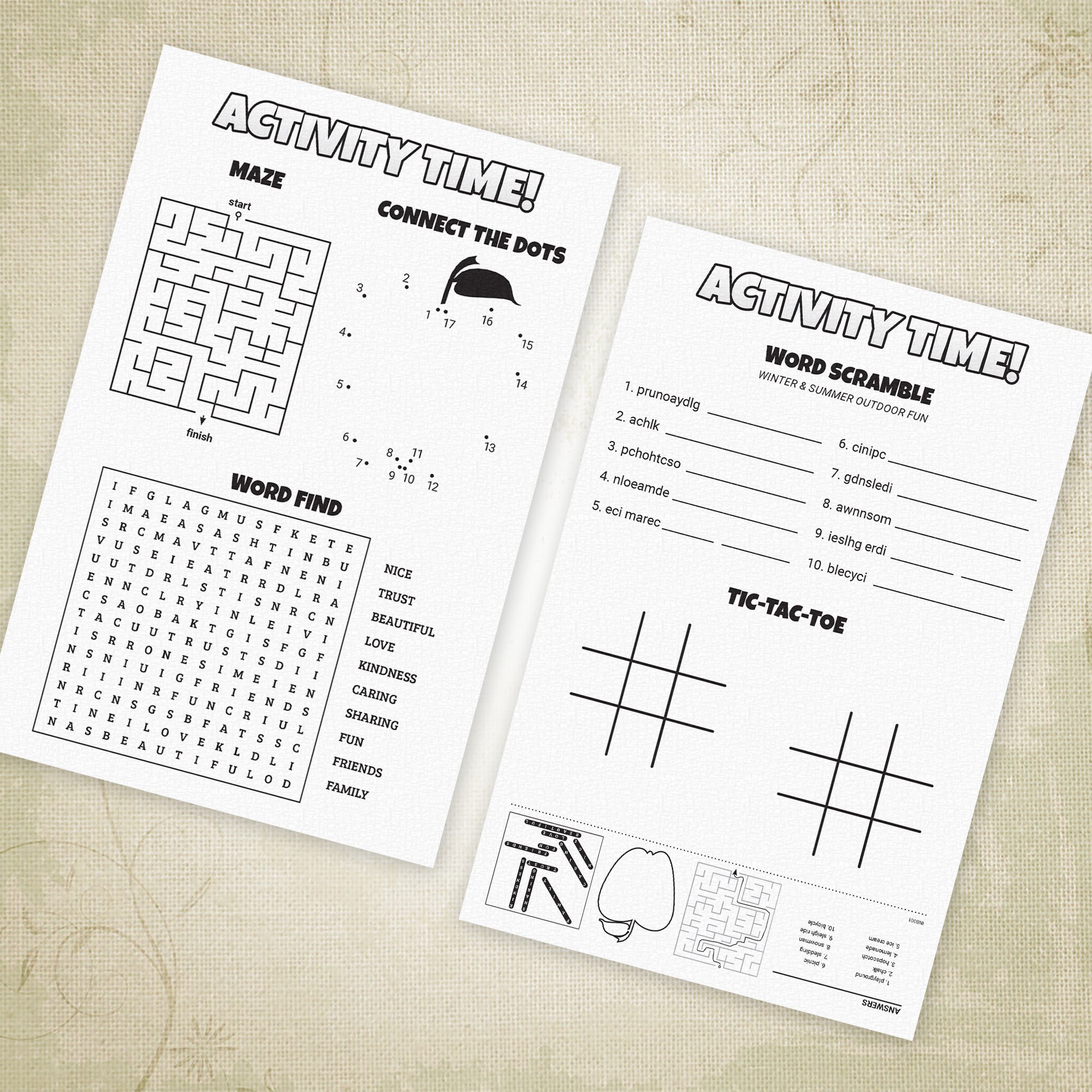 Printable activity bulletin insert with various children's games and exercises such as tic-tac-toe, word search, and connect the dots.