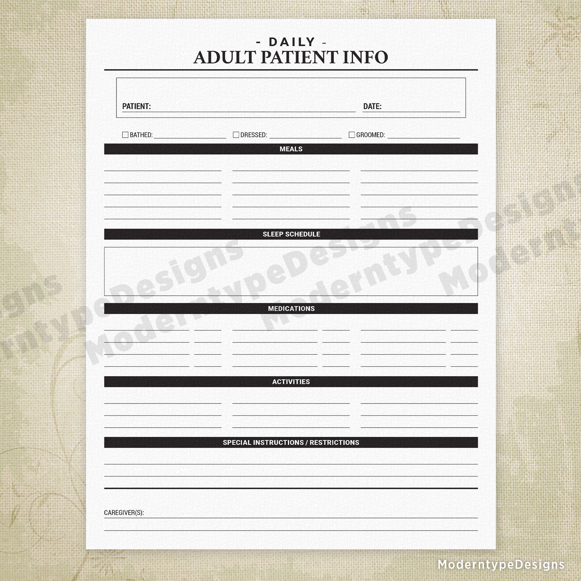 Daily Adult Patient Info Printable