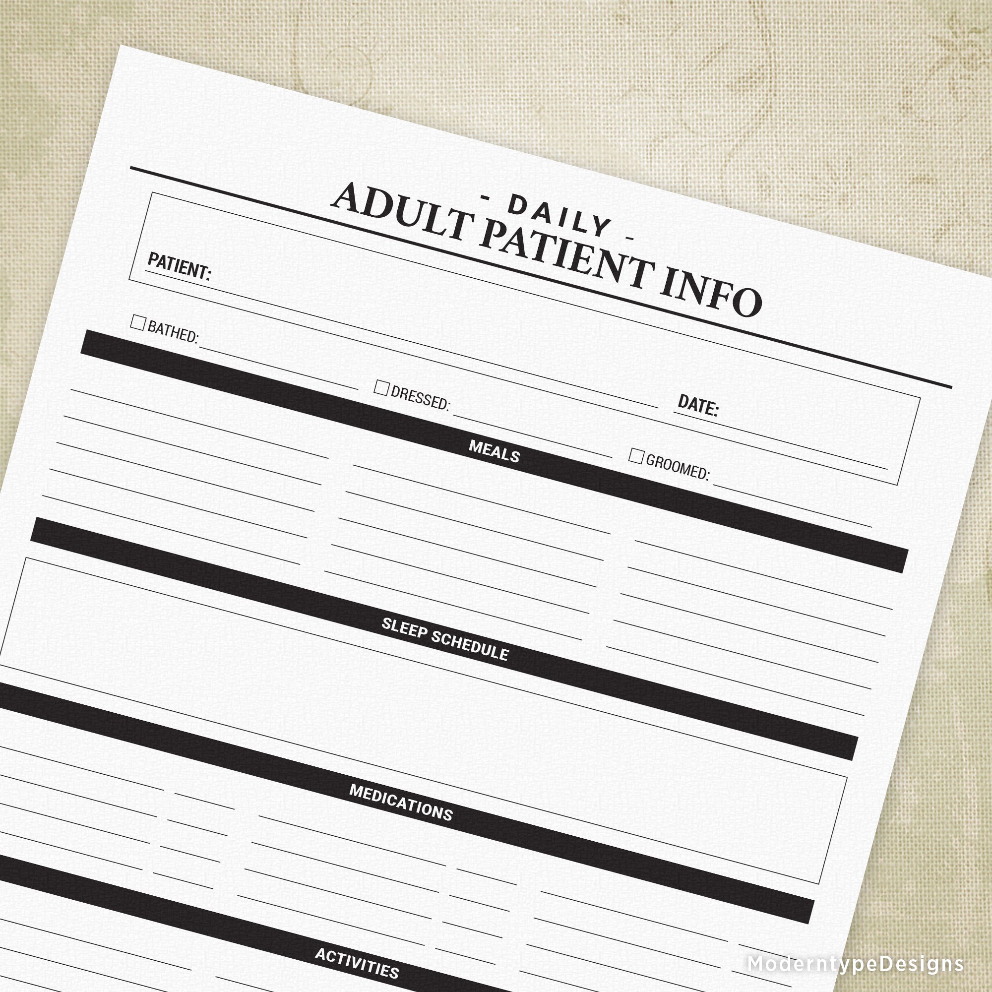 This form is a Daily Adult Patient Info Printable PDF. Used for showing what activities and other patient-related info you have done each day.