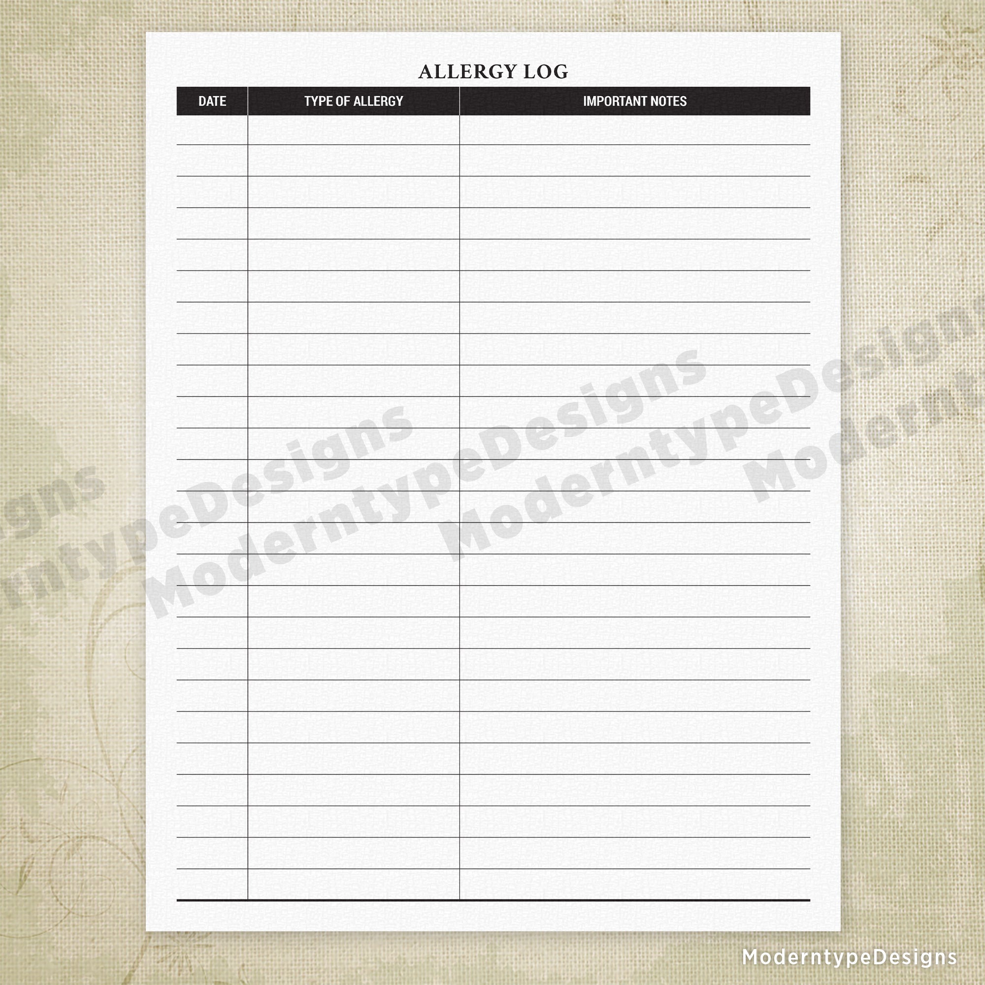 Allergy Log Printable Chart