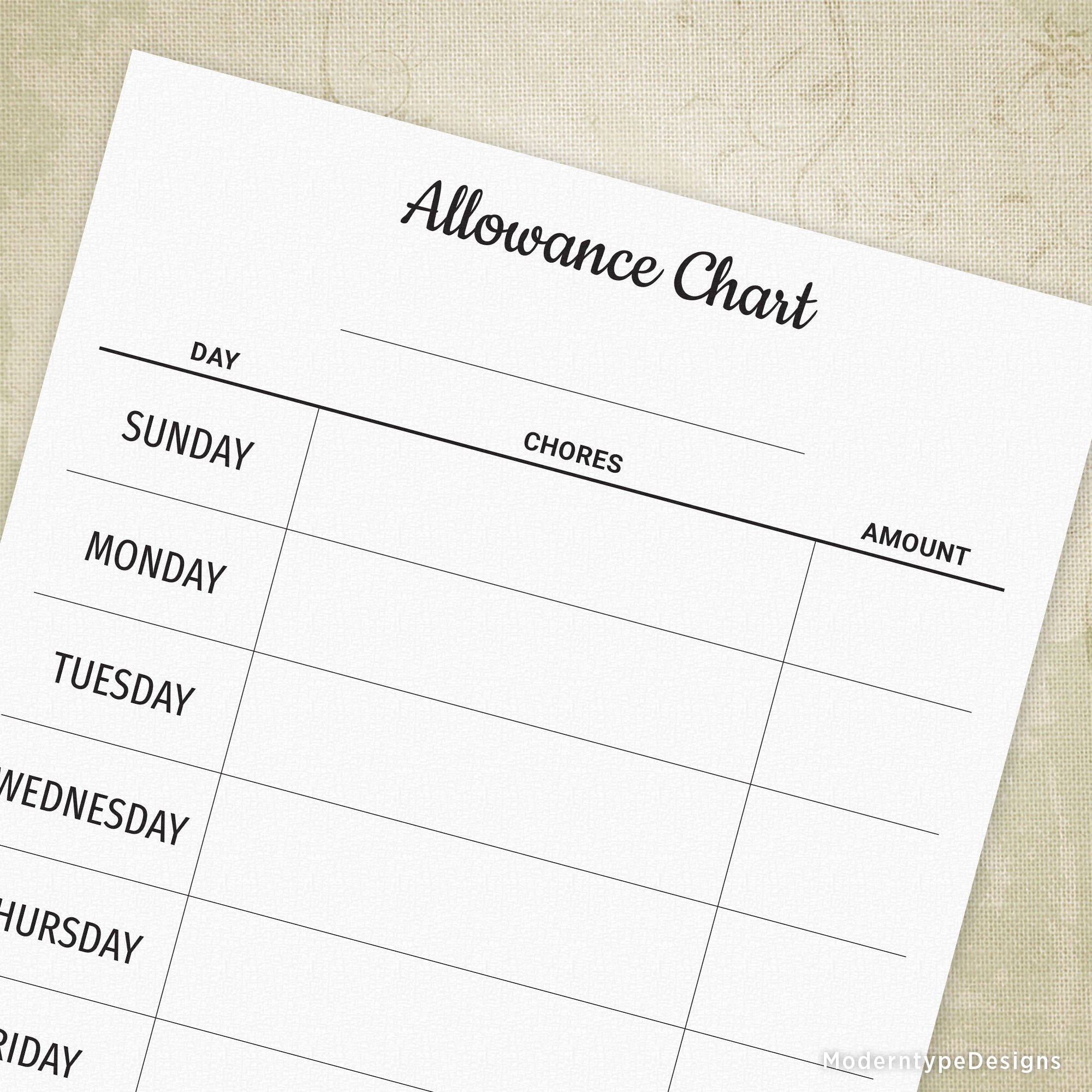 Have your child track the money they get from chores with this Allowance Chart Printable Form PDF. Includes the days of the week and a column to add up their total!