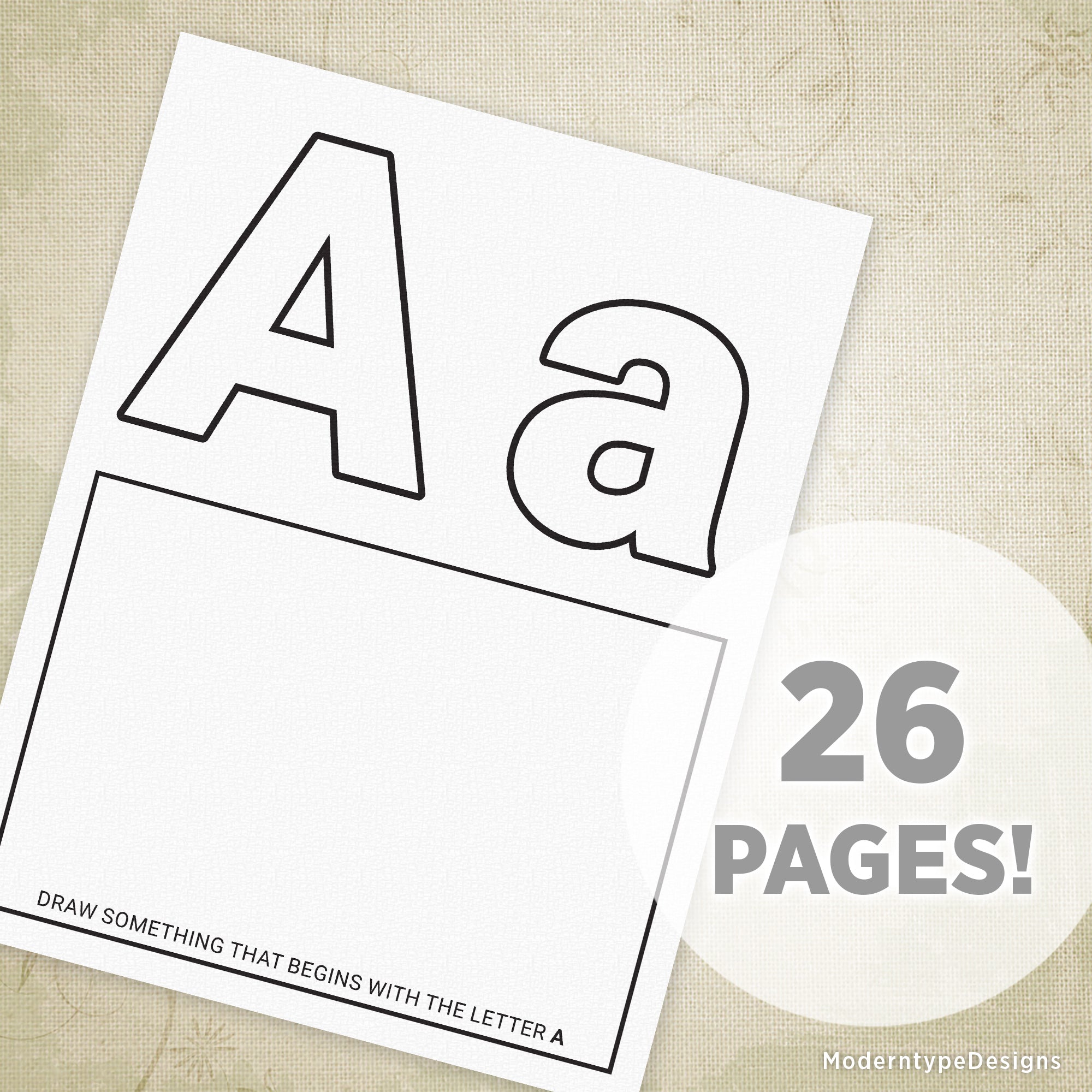 This is a printable 26-page PDF of the entire alphabet for coloring. Each page has an uppercase and a lowercase letter with a box below to draw something that starts with that same letter. These pages use a basic font. Great for all ages of children!