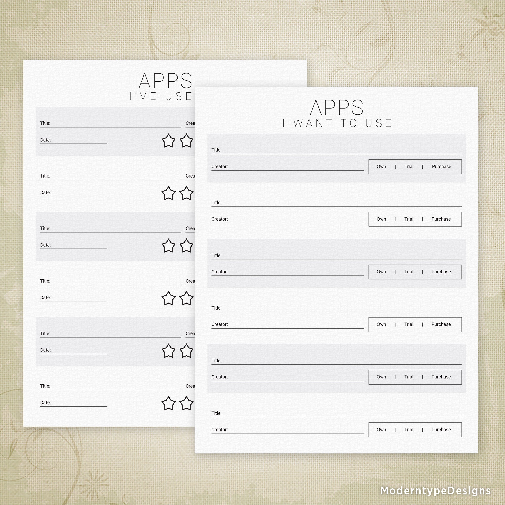 Two printable PDF forms titled 'Apps I've Used' and 'Apps I Want to Use' with asterisks and text boxes for notes.