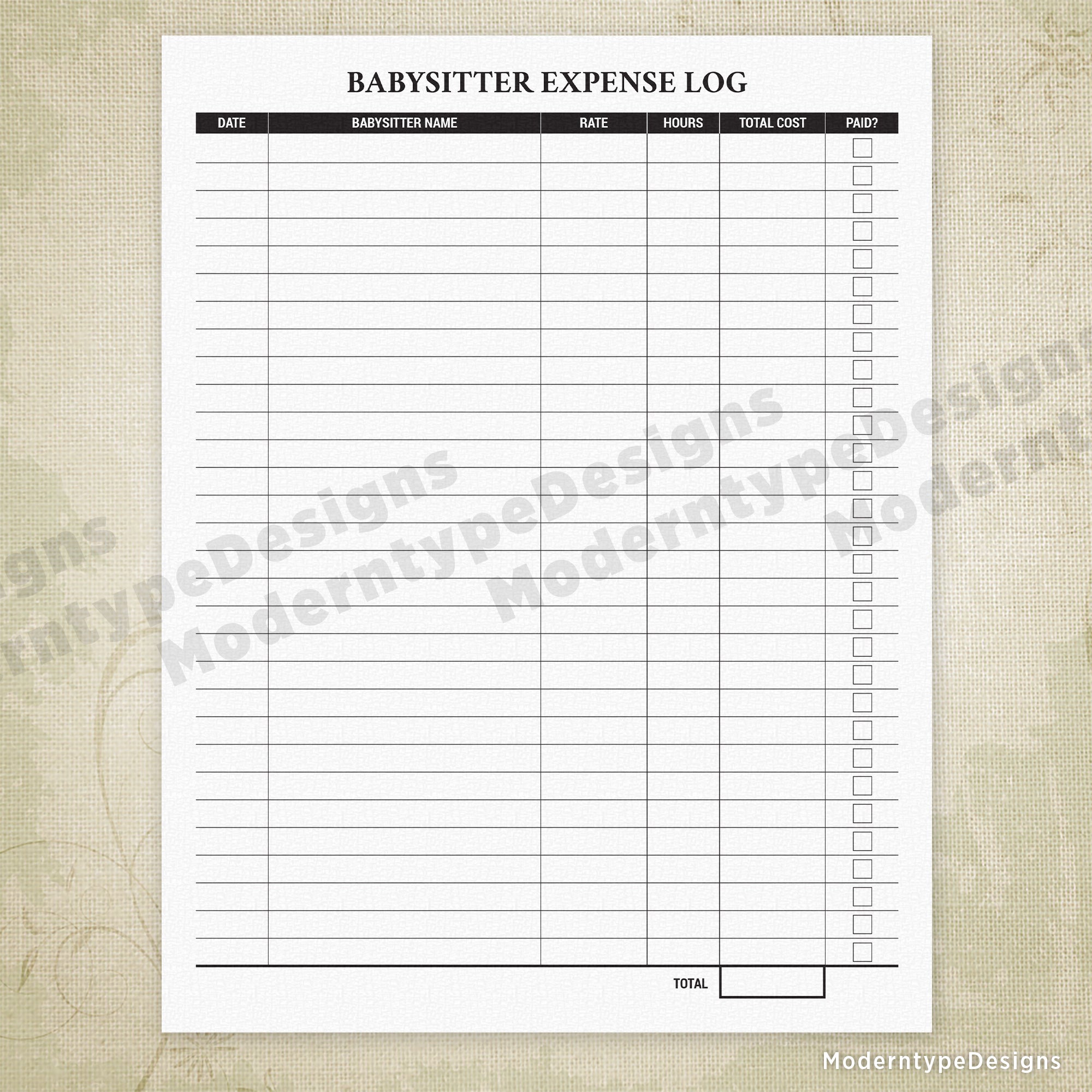 Babysitter Expense Log for Parents Printable