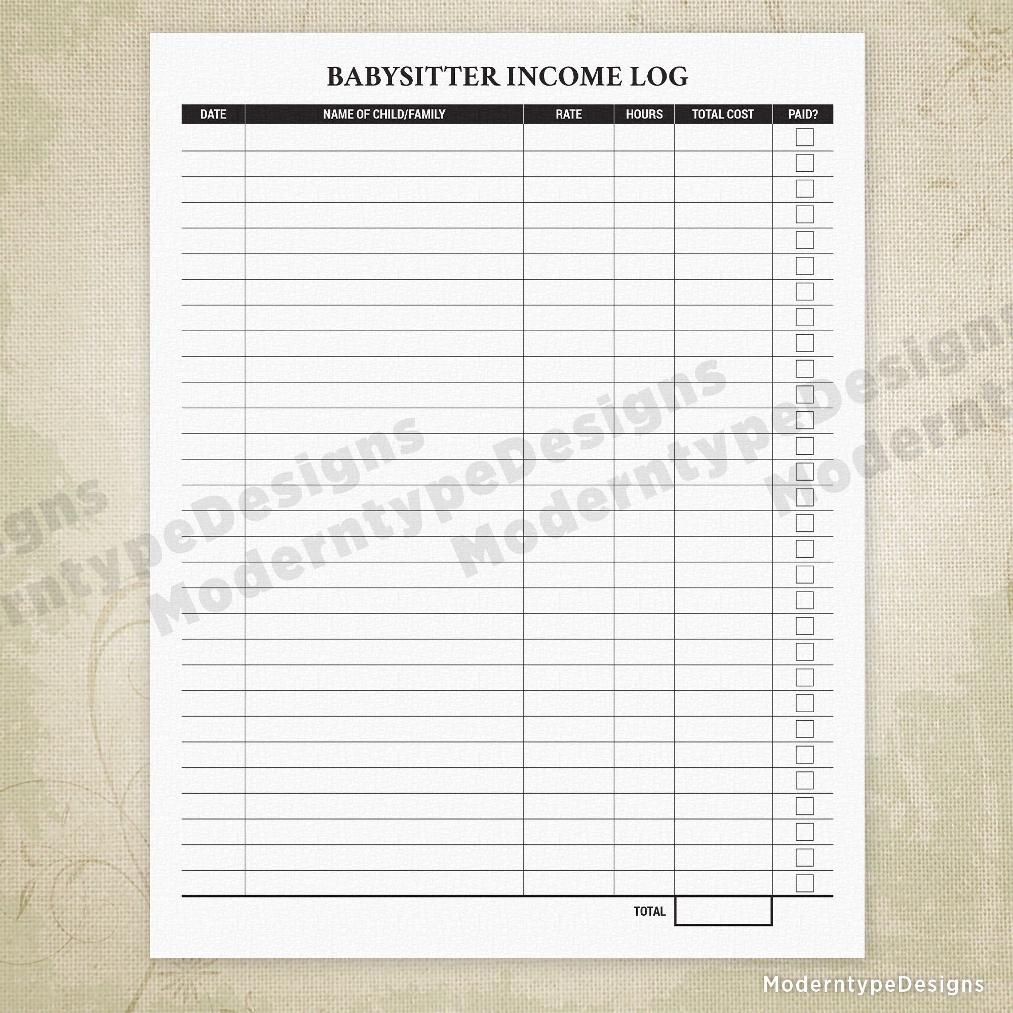 Babysitter Income Log Printable