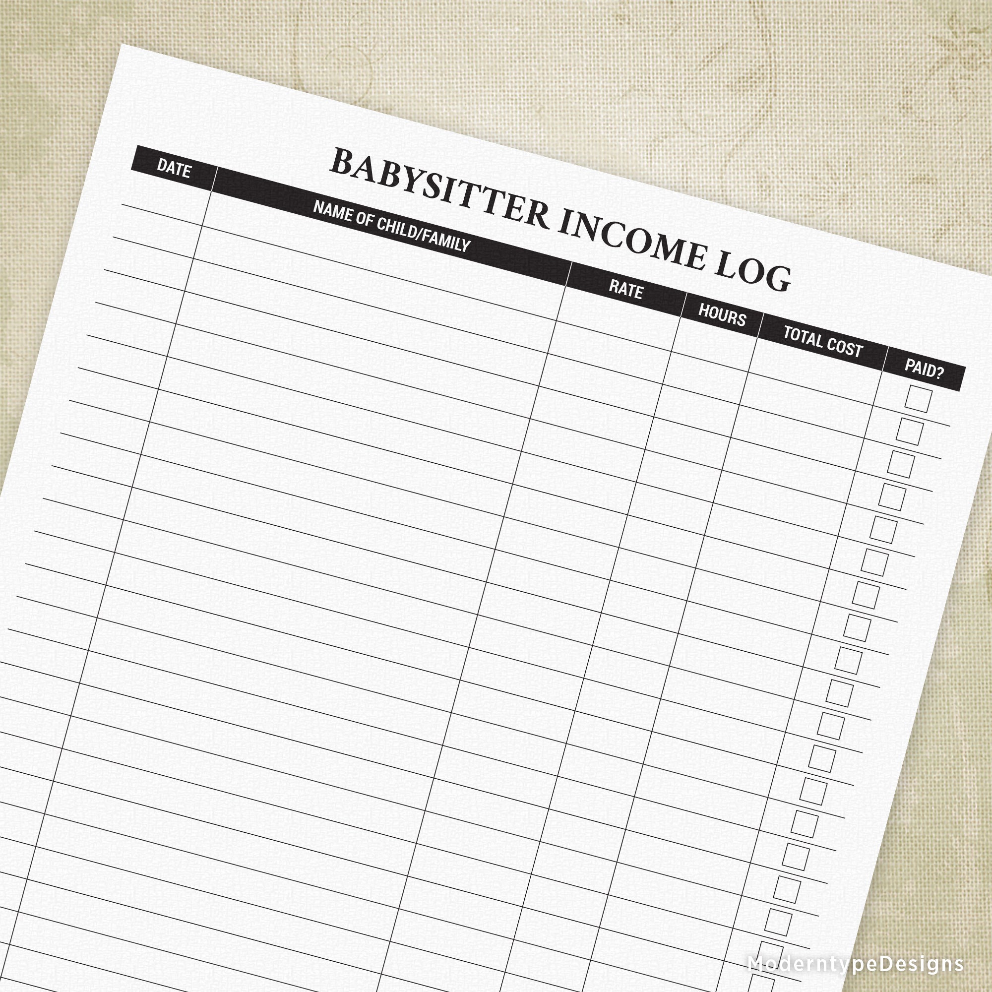 This is a PDF Babysitter Income Log Printable sheet. Are you a babysitter trying to keep a record of all of your jobs? This easy-to-use form allows you to document your finances so you don't forget any important income.
