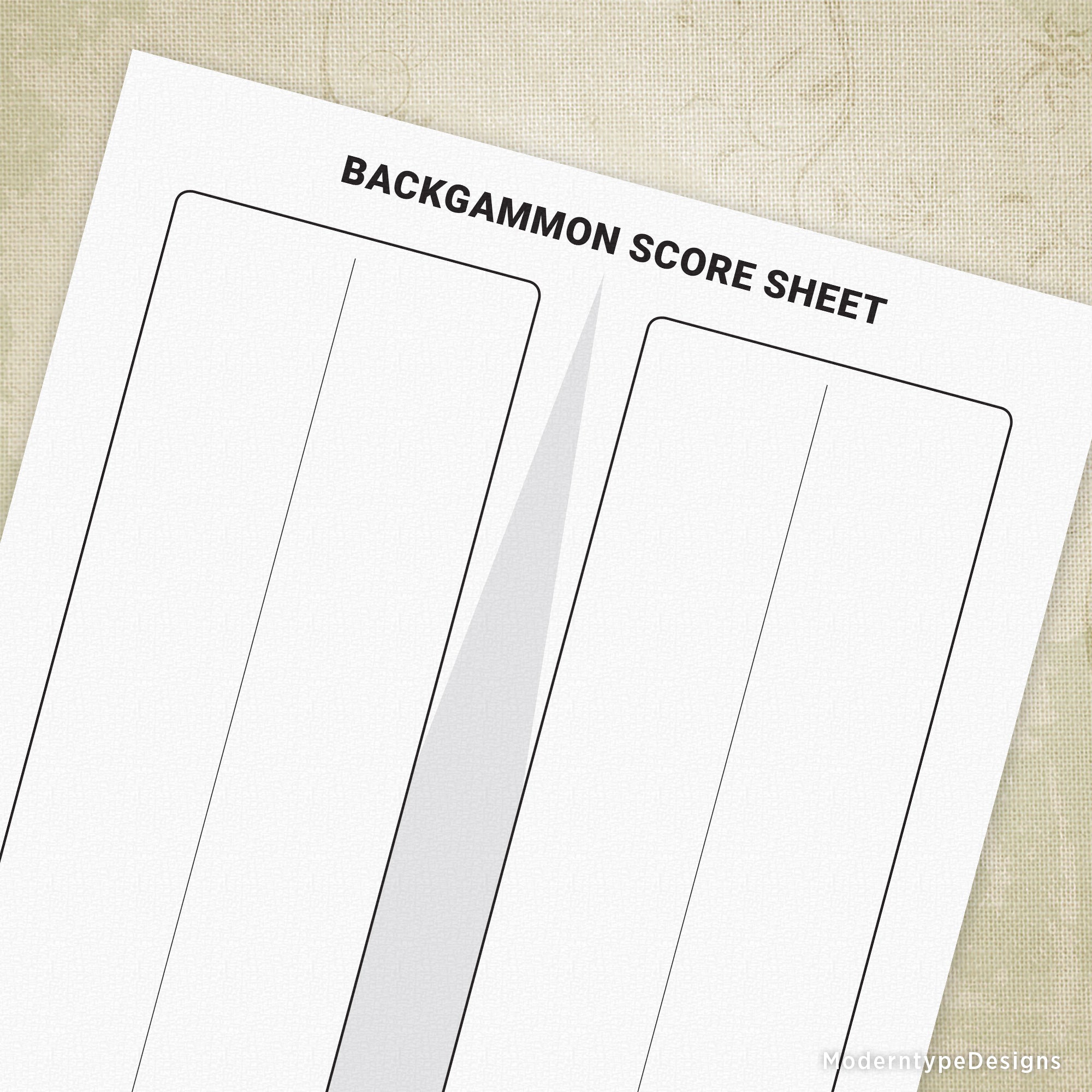 A printable backgammon scoring sheet with designated spaces for various game scores, featuring a graphic of a backgammon board in the center.