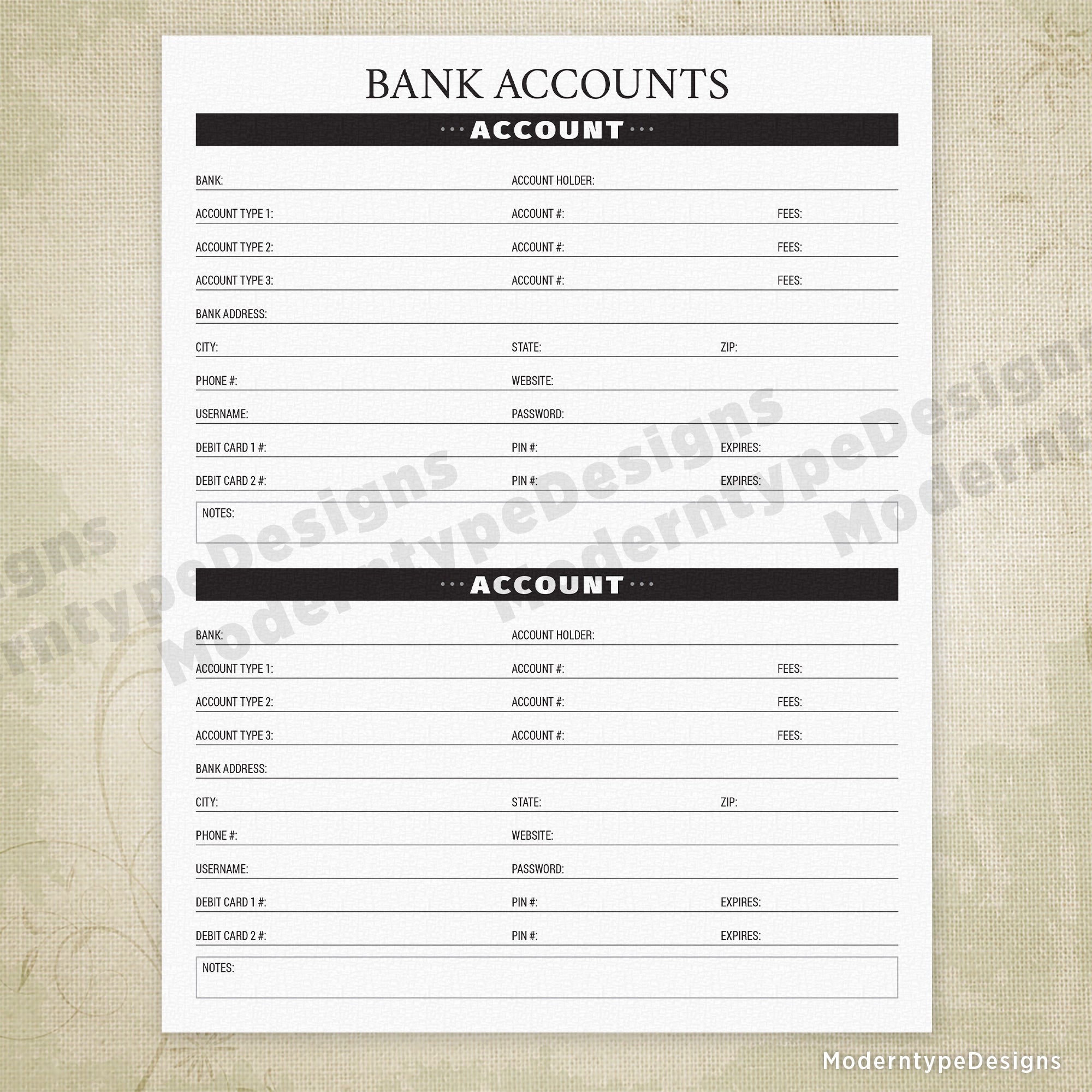 Bank Accounts Printable - End of Life
