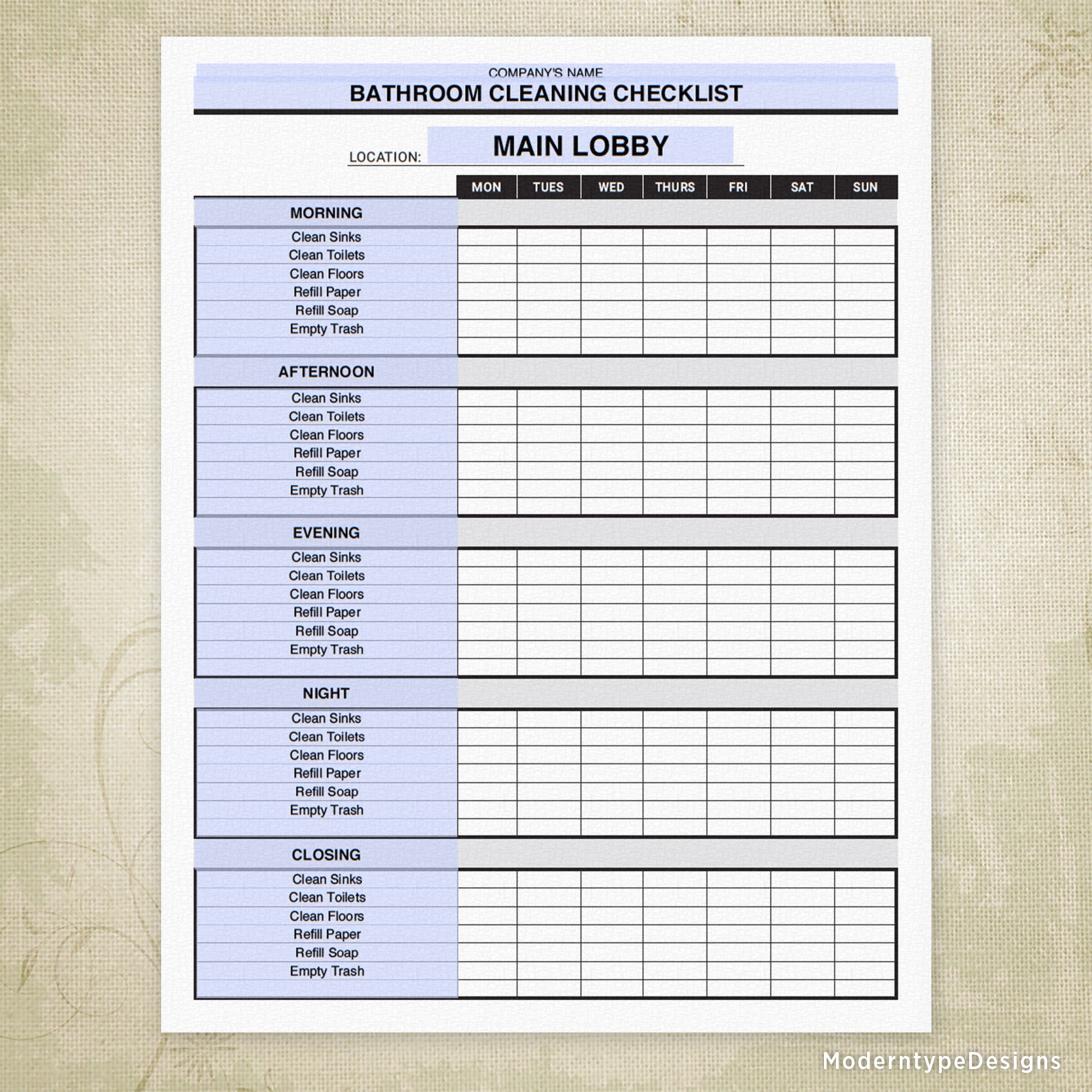 Bathroom Cleaning Checklist Printable, Editable