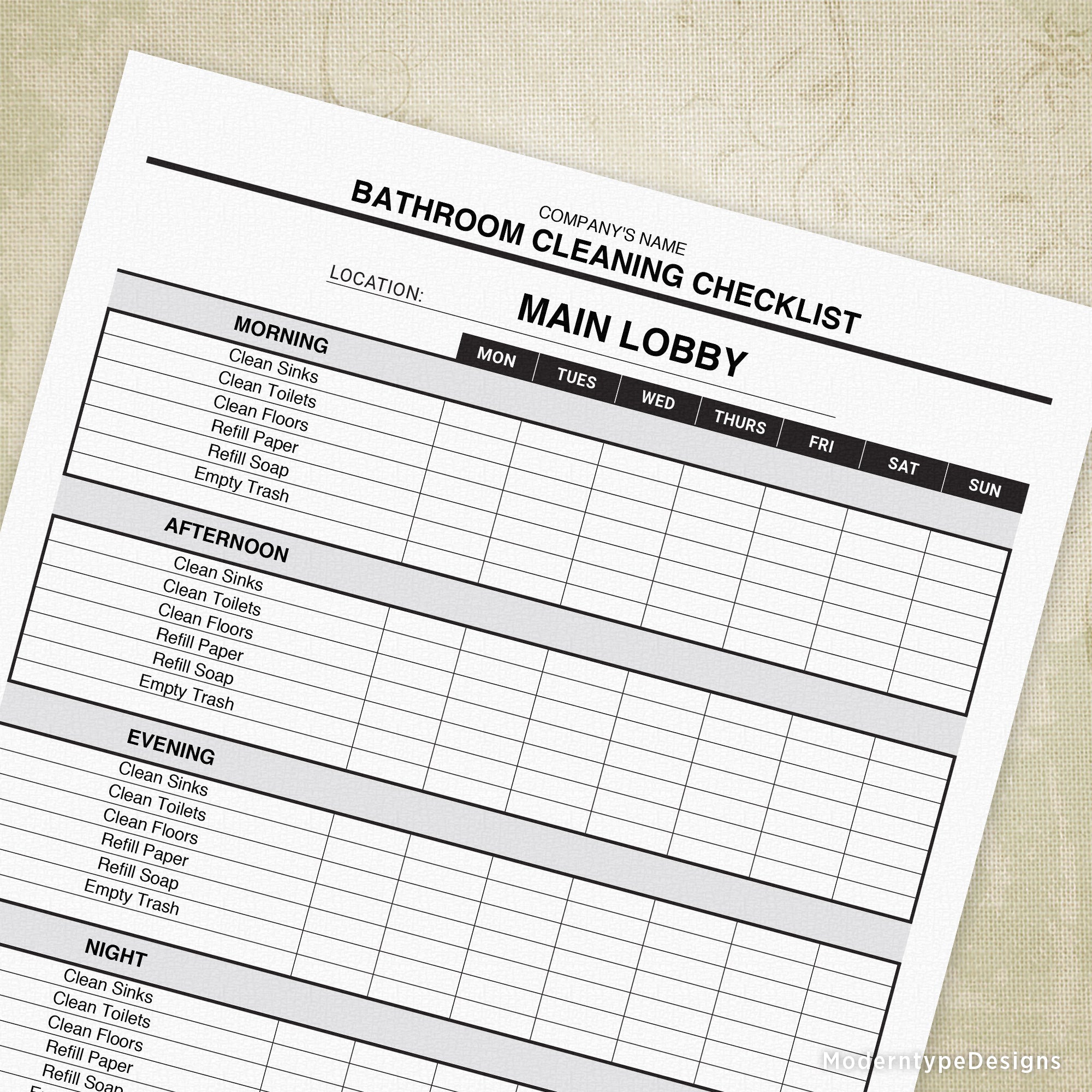This is a printable PDF bathroom Cleaning Checklist Form with various editable fields. Create your weekly checklist so your employees can track what they have cleaned. Edit the left column with the preferred cleaning duty and save different versions if you need to!