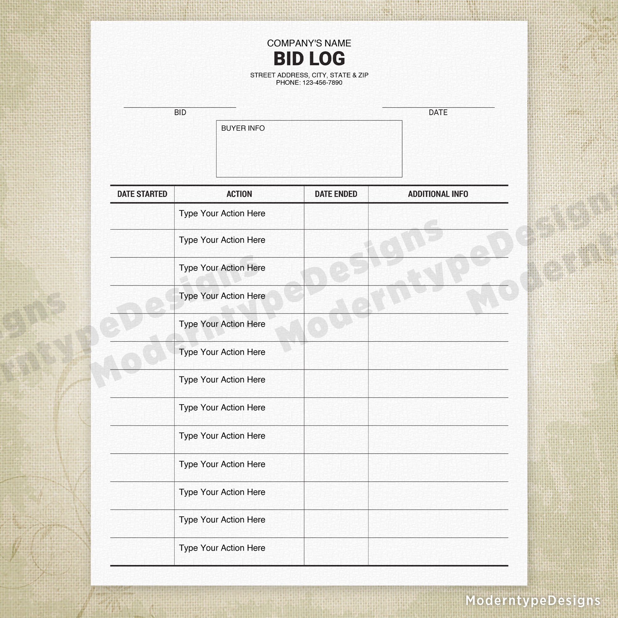 Bid File Log Printable Form, Editable