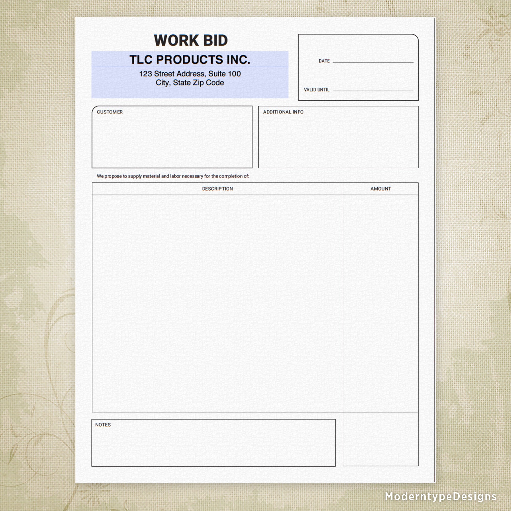 Work Bid Printable Form, Personalized