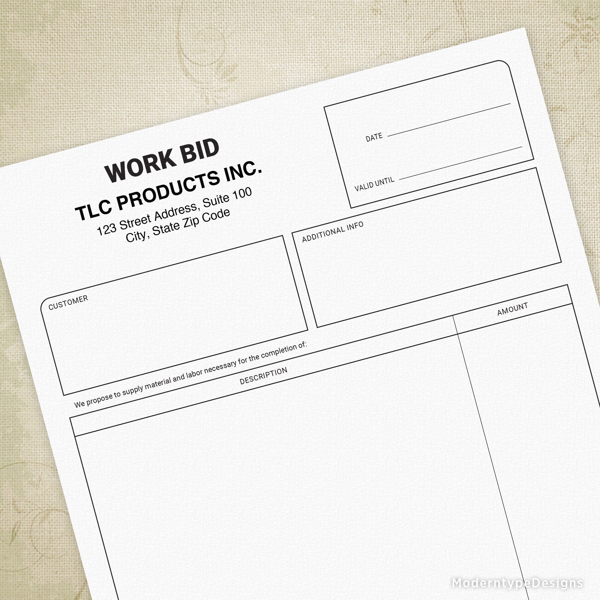 Editable PDF work bid printable form with personalized text fields, company logo and contact information placeholder.