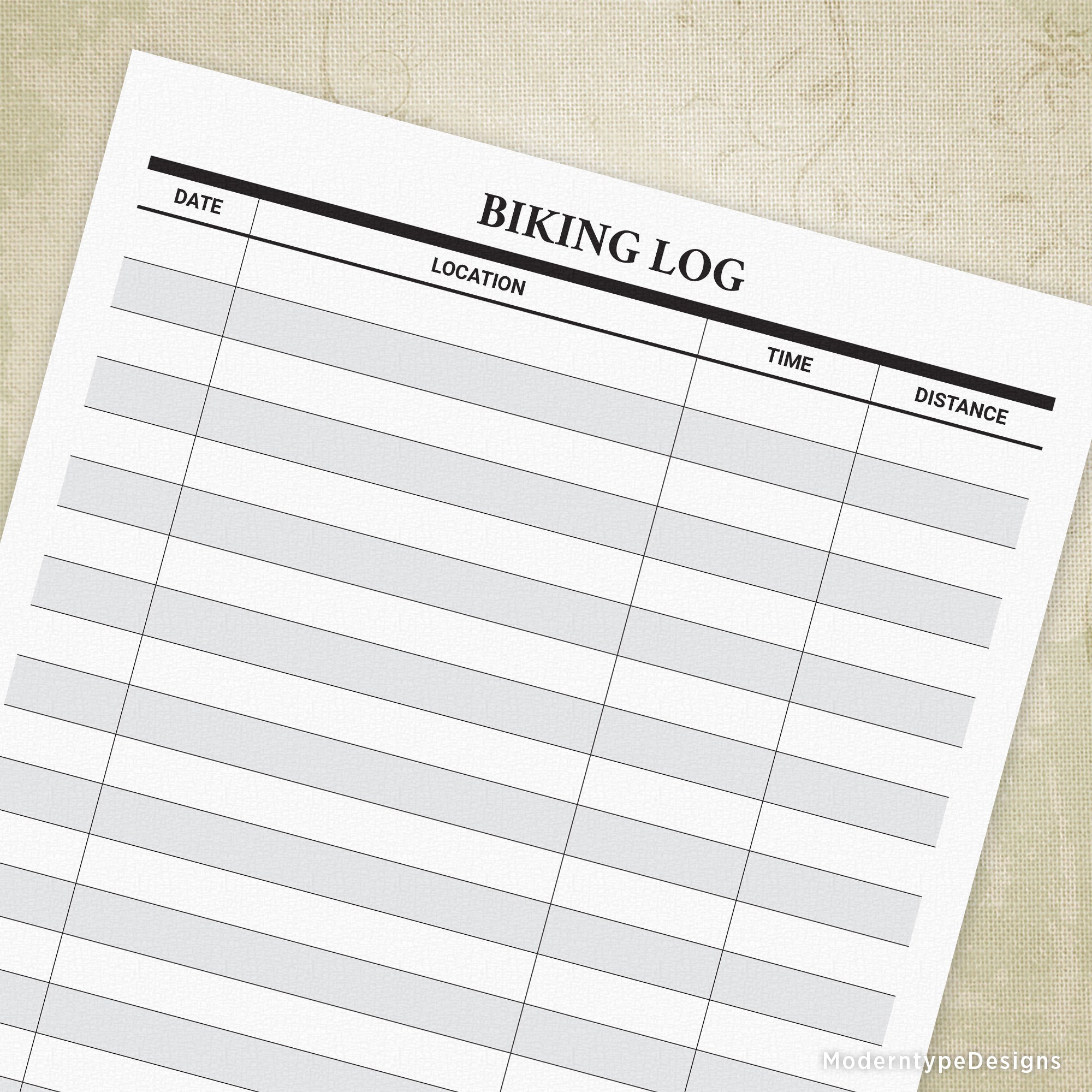 A printable biking log form with sections for date, location, time, and distance, designed for tracking cycling activities.