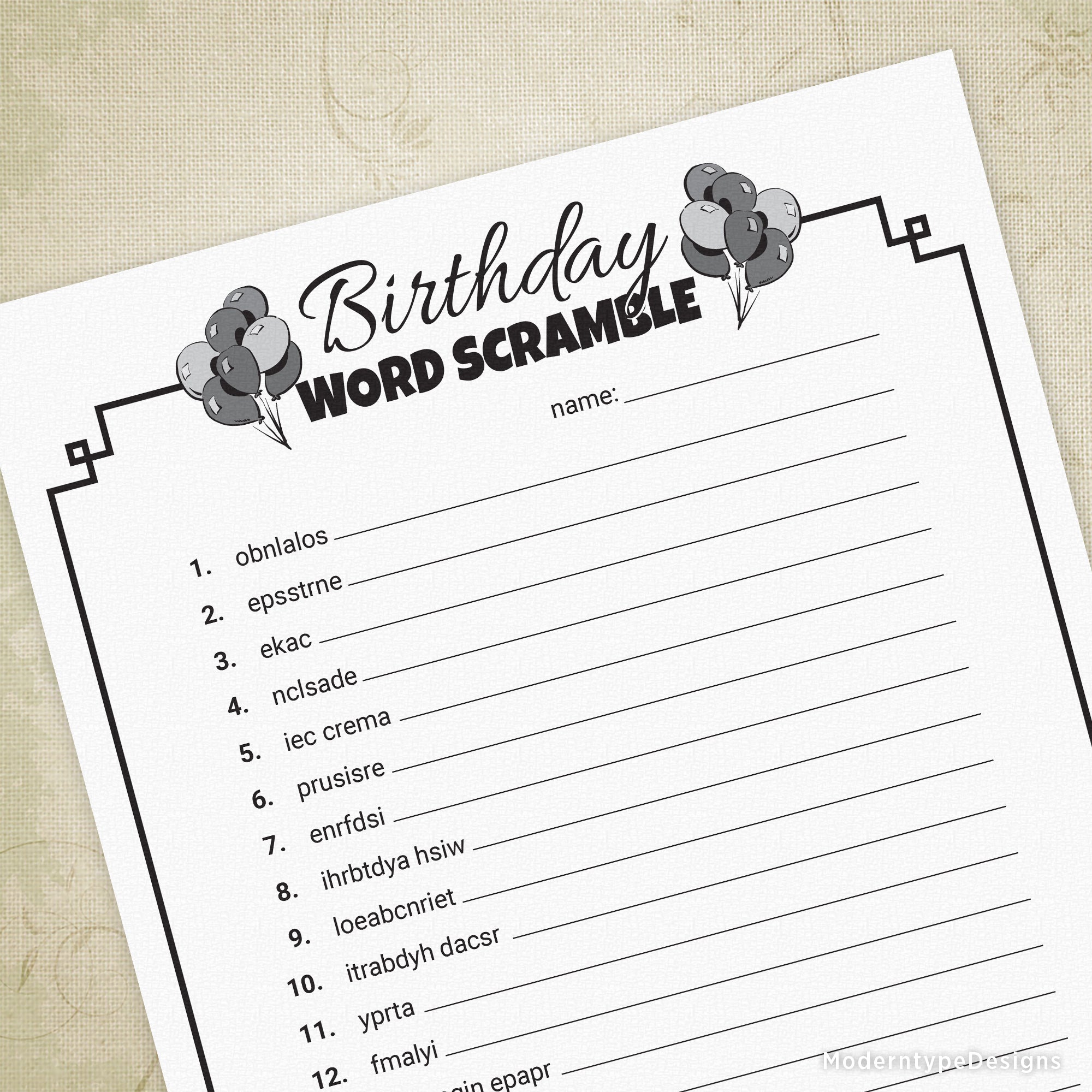 This is a Birthday Word Scramble Game Printable PDF for Digital Download. Print out this word contest as many times as you like for your next party.