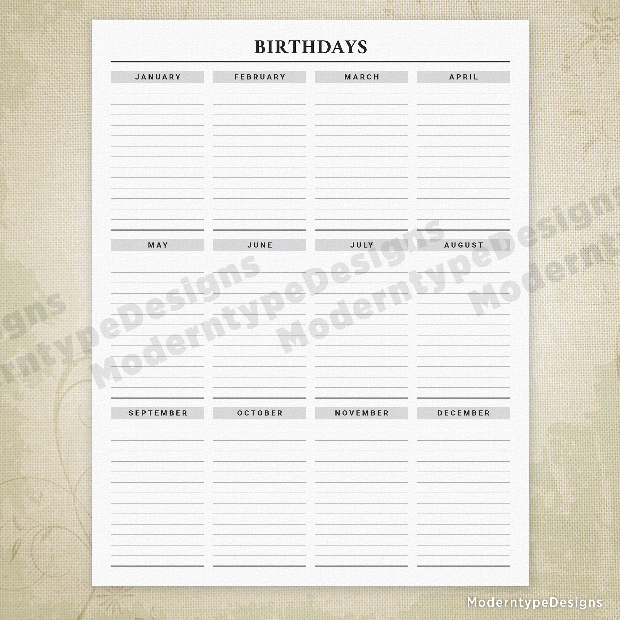 Birthdays Calendar Printable