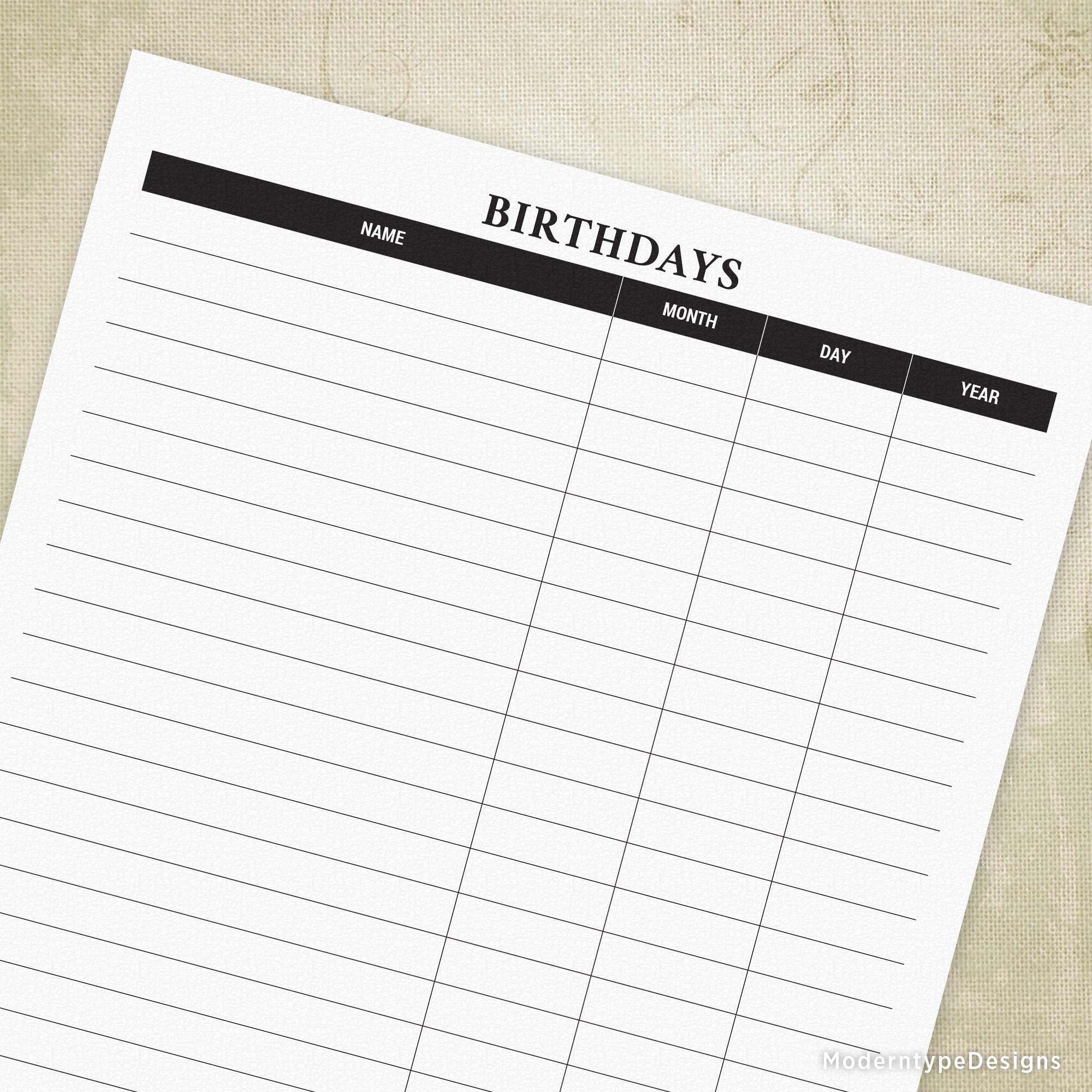Printable birthdays list in PDF format with a space for writing names, months, days, and years, with black content and white margins.