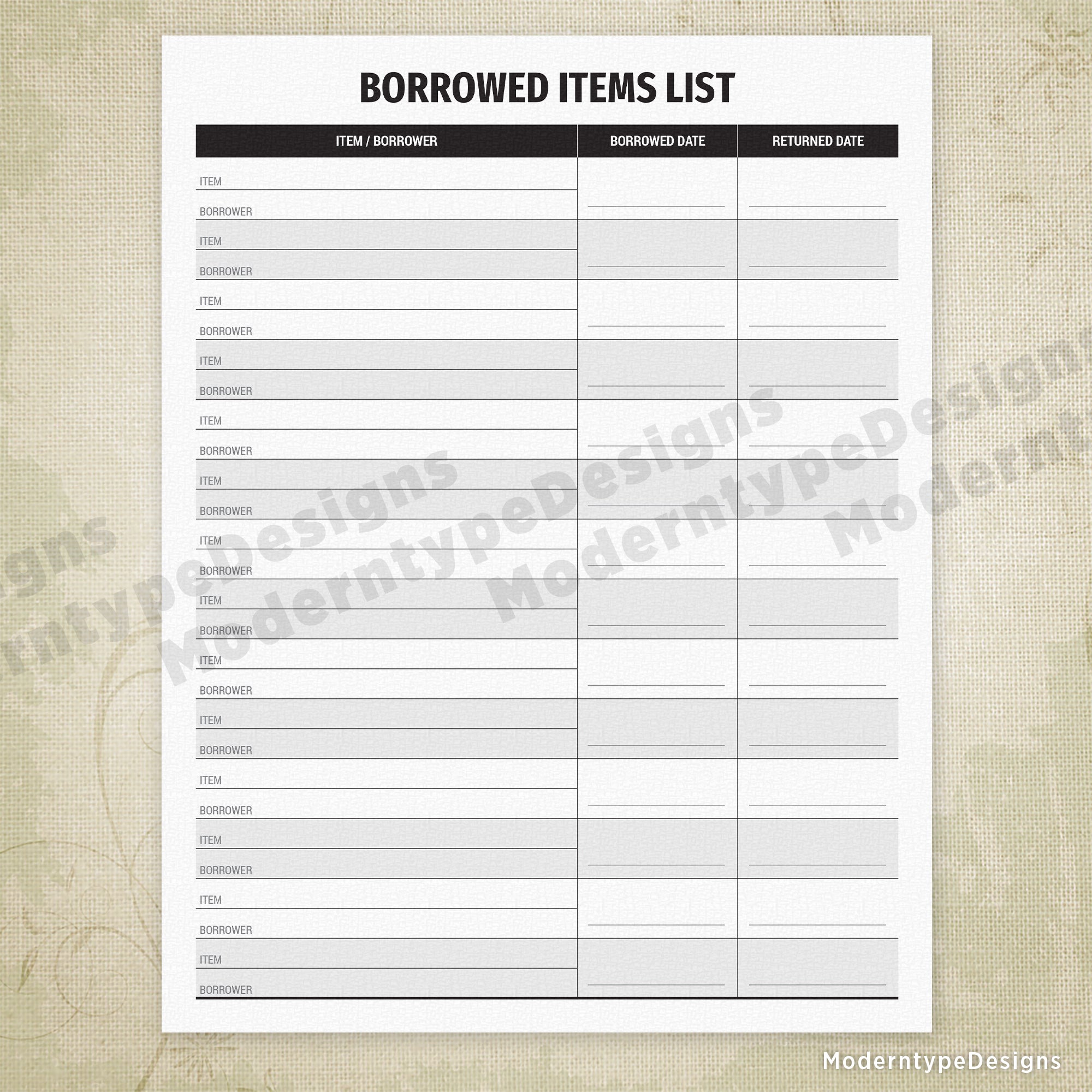 Borrowed Items List Printable