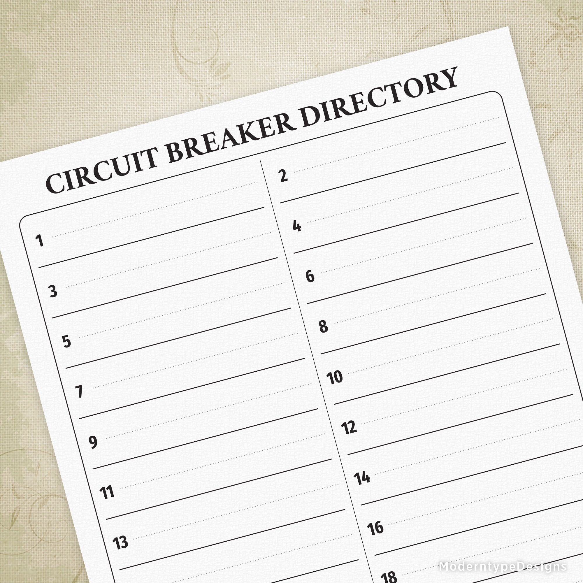 Track which appliance goes to which breaker with this Breaker Directory Printable PDF. Room to add up to 24 entries, keep that panel clean!