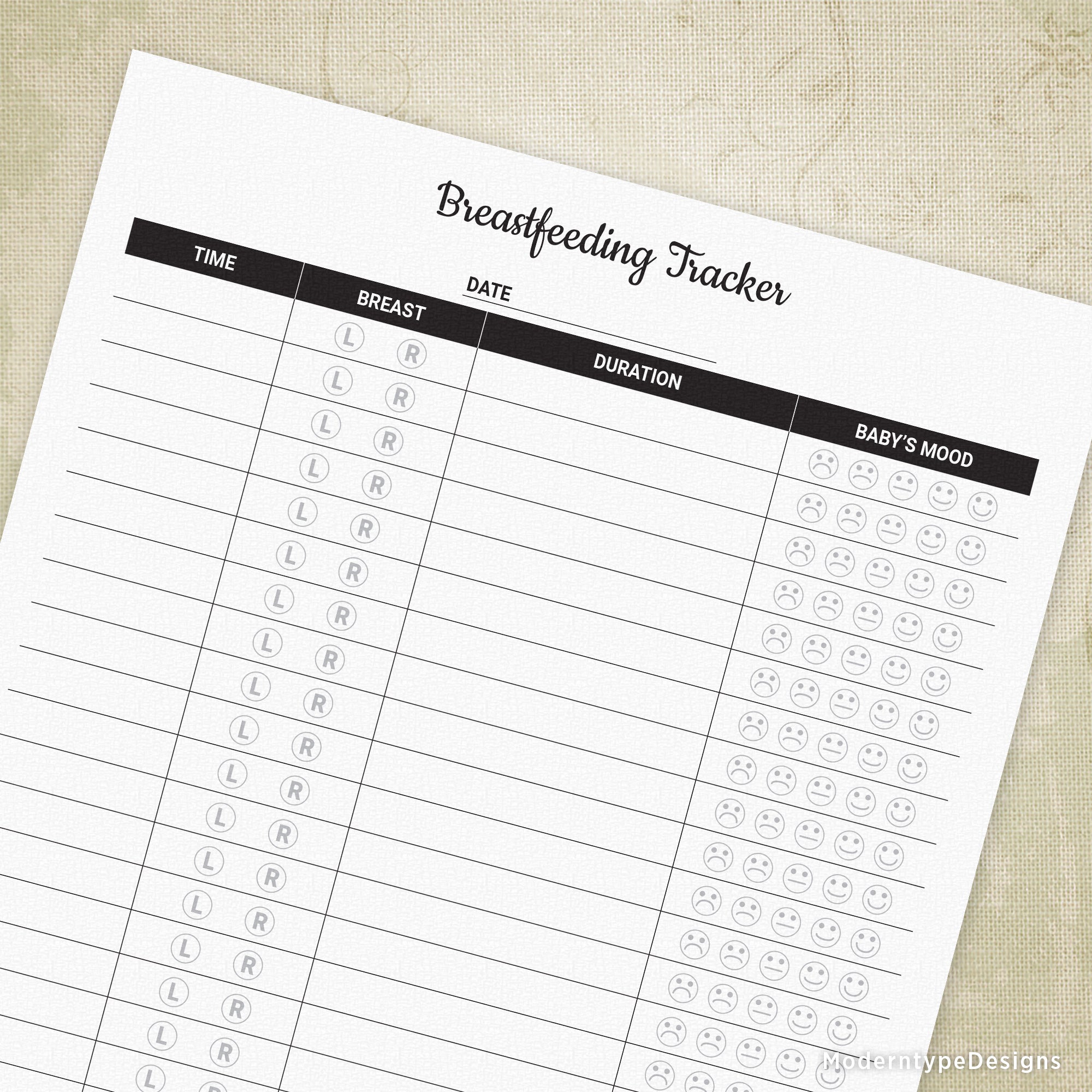 This is a printable PDF Breastfeeding Tracker. Designed by a mother, this form will help you keep track of your breastfeeding schedule with your little one. At the top is "Breastfeeding Tracker". Directly underneath is a line to write the date. The column header text is "Time", "Breast (L/R)", "Duration" and "Baby's Mood". While breastfeeding, it's not always convenient to write in your information, so we have made it a little easier with 2 columns containing check-off icons.