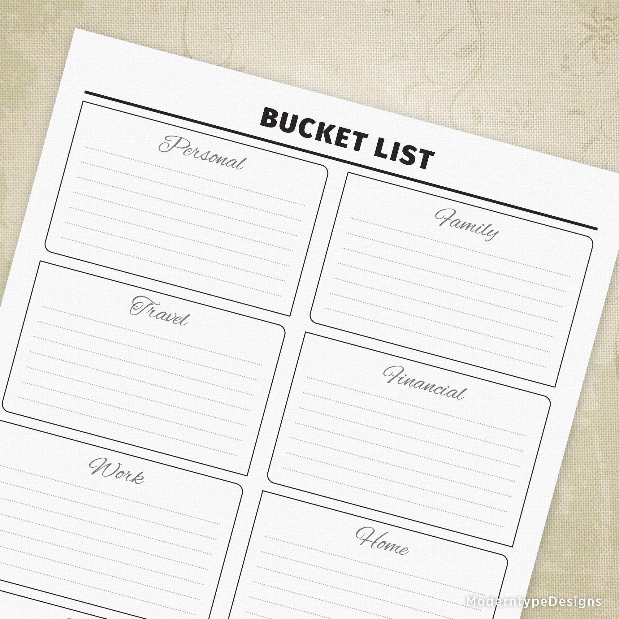 Printable 'Bucket List' planner page with sections for personal, family, and financial goals, and space for notes.