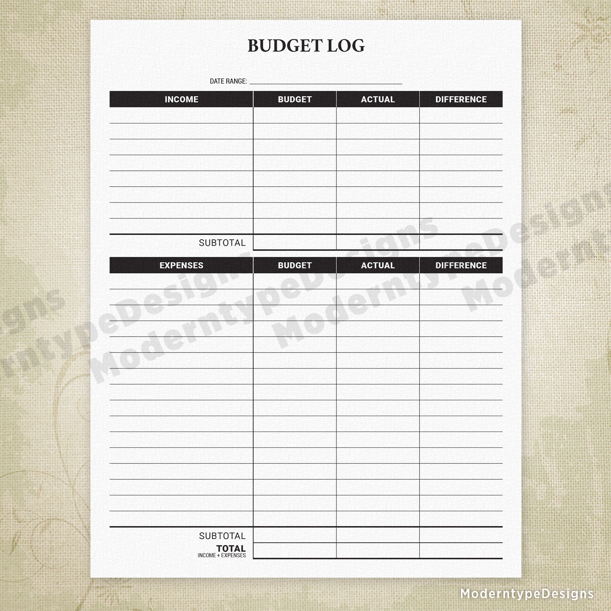 Budget Log Printable