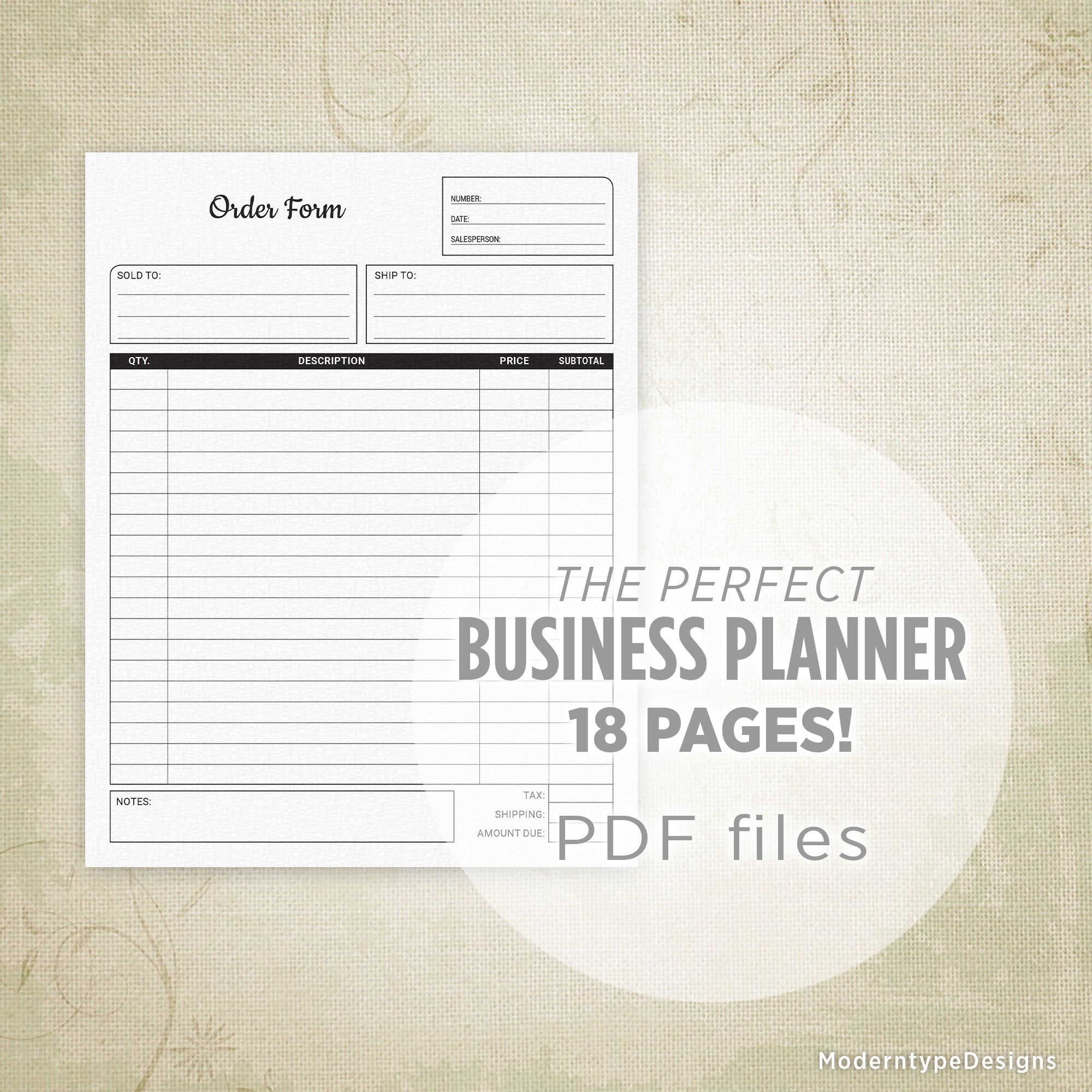 A promotional image featuring a printable business planner kit with 18 pages, labeled as 'The Perfect Business Planner' by ModernTypeDesigns.