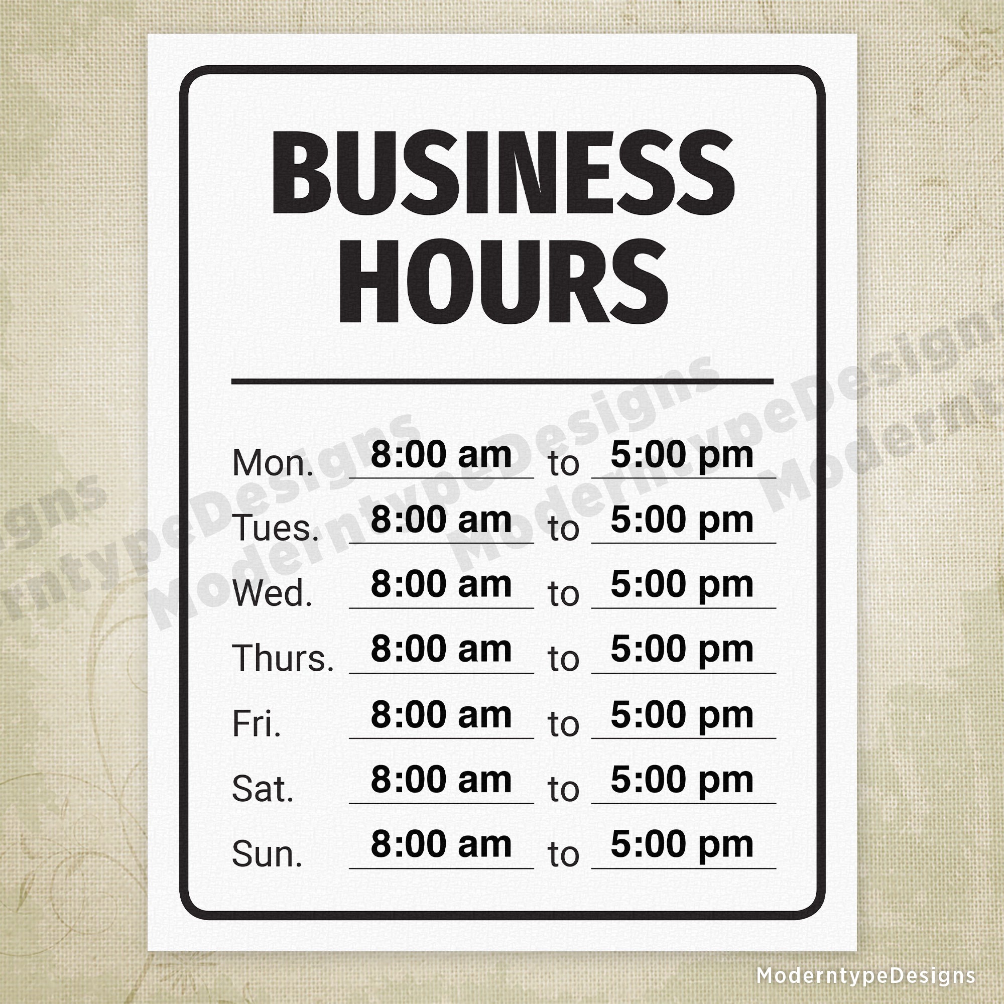 Business Hours Printable Sign, Editable