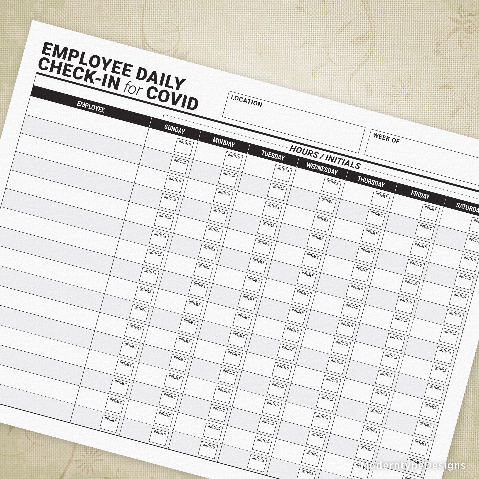 This is an Employee Daily Check-in for COVID PDF for instant download. Track your employee's hours for Sunday through Saturday. Also includes a space for their initials!
